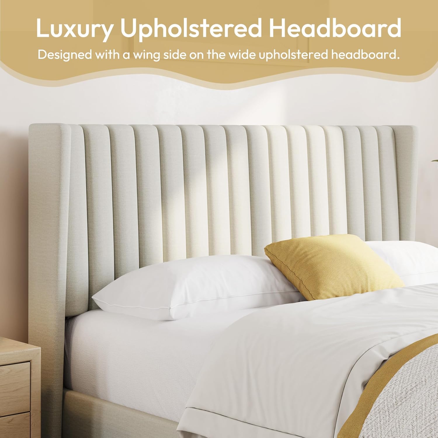 Yaheetech Queen Bed Frame Upholstered Platform Bed with Fabric Headboard, Wing Edge Design/Non-Slip and Noise-Free/Wooden Slats Support/No Box Spring Needed/Easy Assembly, Ivory Queen Bed