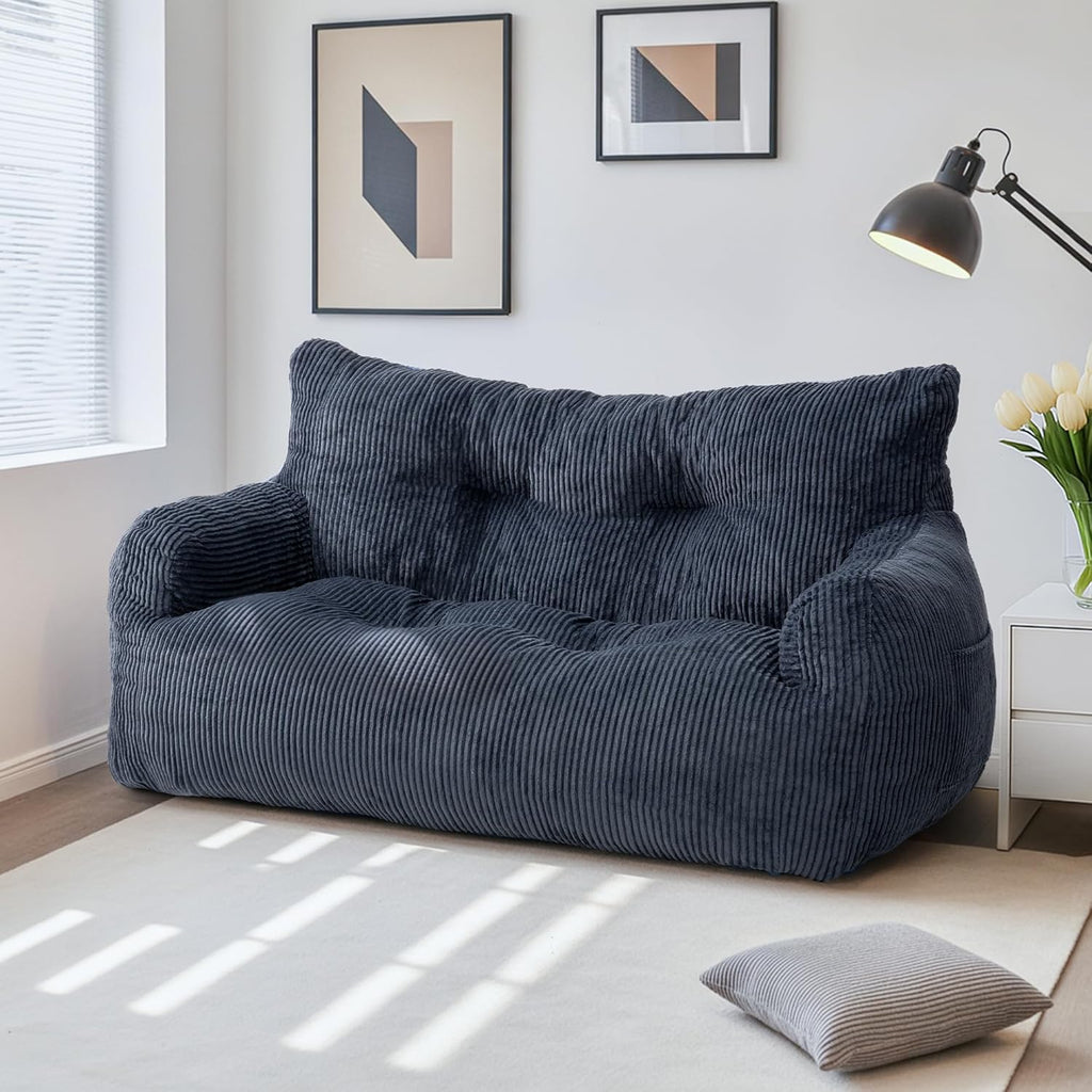59" Bean Bag Chair,2 Seat Loveseat Sofa,Corduroy Lazy Sofa Bed for Adults,Fit Living Room, Bedroom,Outdoor Spaces,Ultra Soft Dutch Velvet,Fluffy Comfort Washable Cover,72h Rebound,Blue