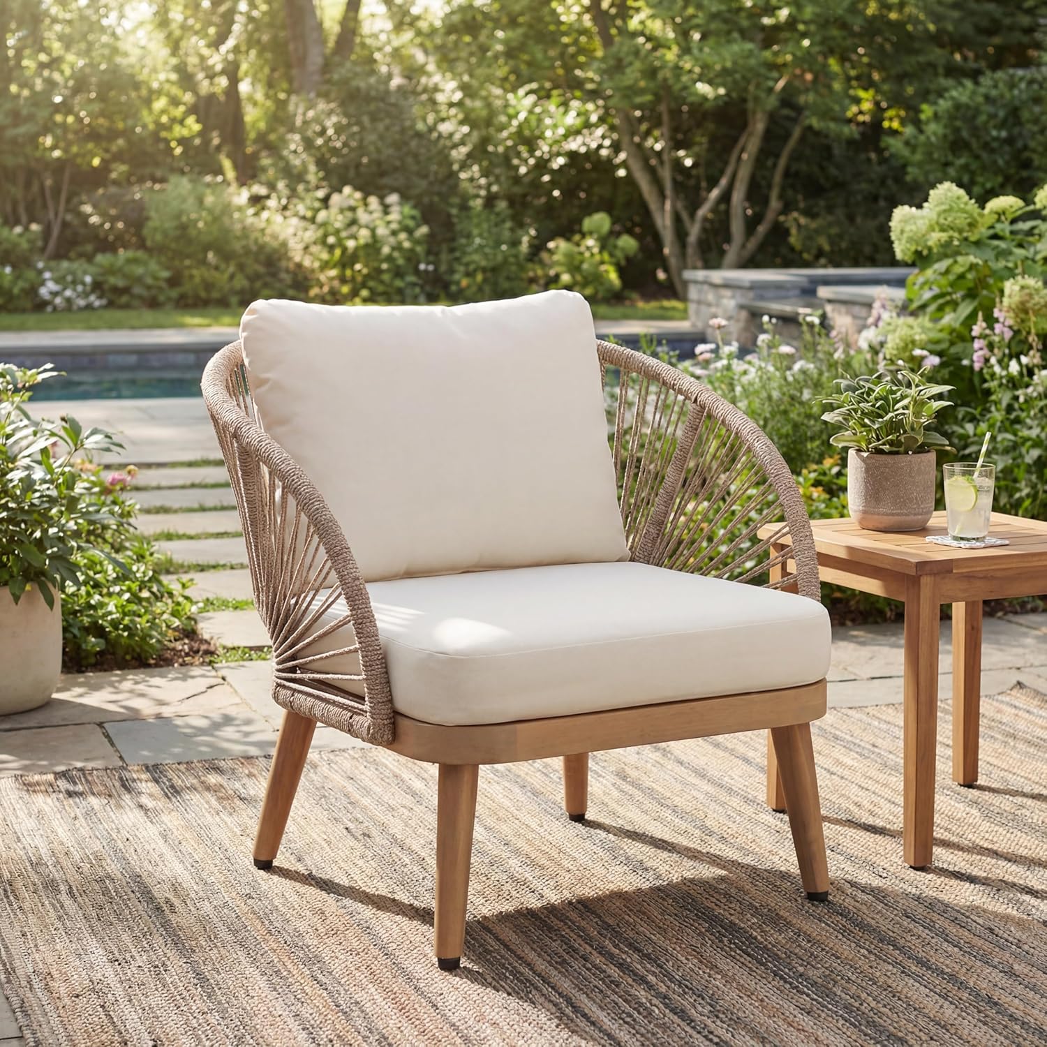 Christopher Knight Home Lydia Boho Patio Furniture Acacia Wood Club Chair, Outdoor Lounge Chair, Modern Tub Accent Chair with Rope Woven and Removable Cushions, Deep & Sturdy Seating, Natural+Beige