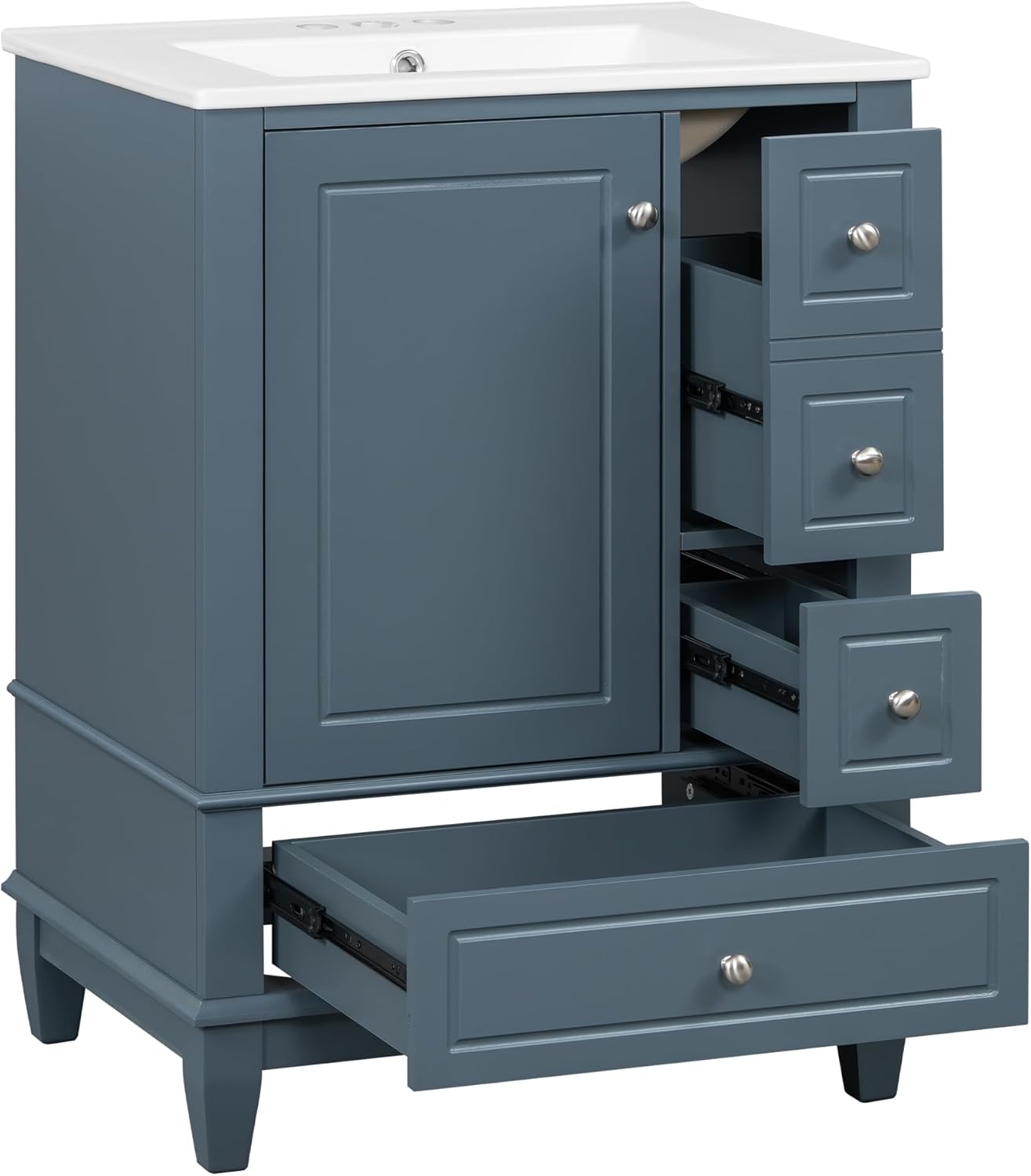 24" Bathroom Vanity with Sink, Harper & Bright Designs Free Standing Single Vanity Set with 3 Drawers and One Door with Storage Racks, Wooden Storage Cabinet with Ceramic Basin for Bathroom, Blue Grey