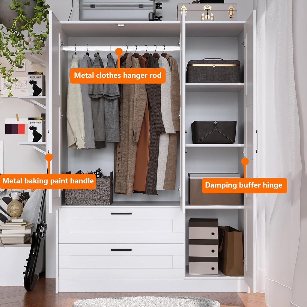 Fenghua Lizhi 3 Doors Wooden Wardrobe Closet Armoire, White Storage Cabinet for Hanging Clothes, Bedroom Large Capacity Freestanding Armoire,Wood Wardrobe Combination with Shelves (2drawer, White)
