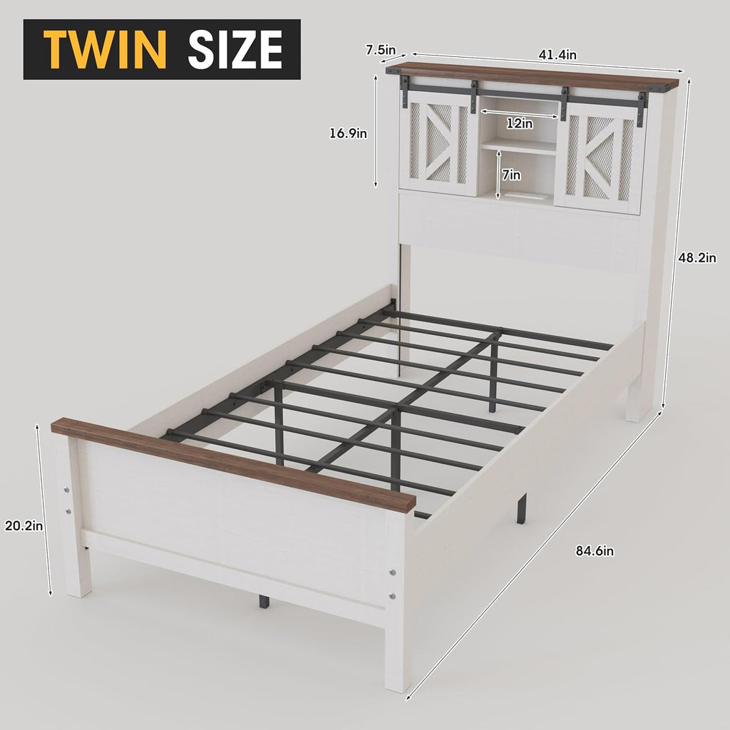 Vabches Farmhouse Twin Size Bed Frame with Storage Bookcase Headboard, LED Lights and Charging Station, Sliding Barn Door and Adjustable Shelves, No Box Spring Needed, White