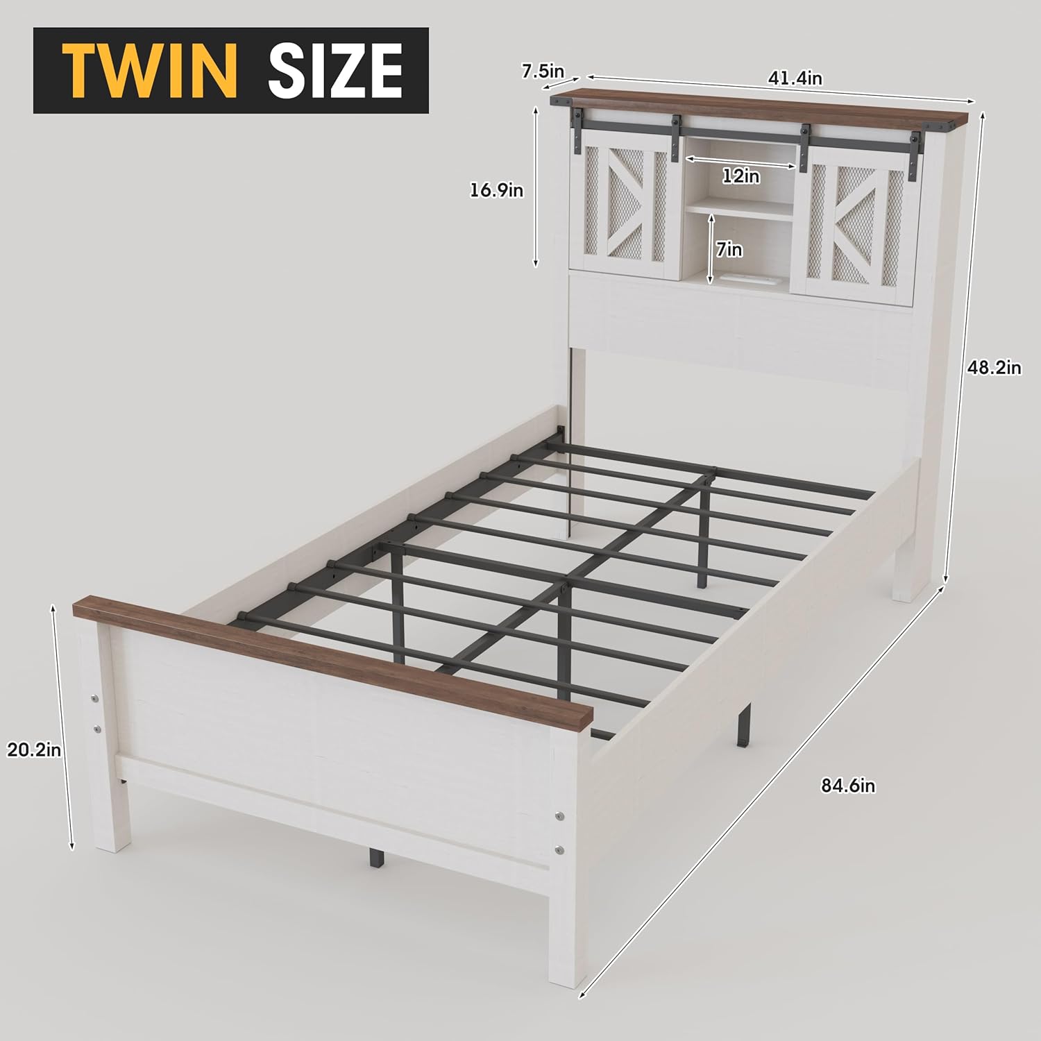 Vabches Farmhouse Twin Size Bed Frame with Storage Bookcase Headboard, LED Lights and Charging Station, Sliding Barn Door and Adjustable Shelves, No Box Spring Needed, White