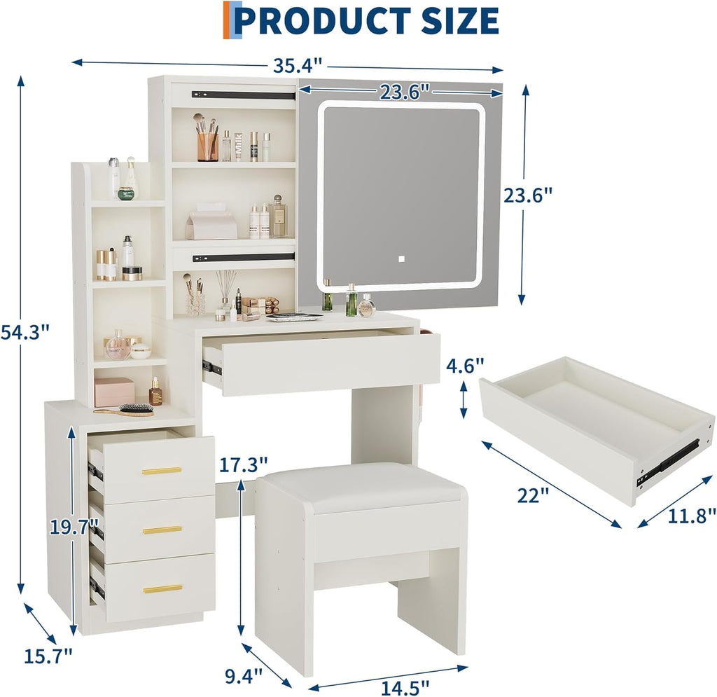 IDEALHOUSE Stylish LED Lighted Vanity Set with Stool – Modern Makeup Table with 4 Drawers, Sliding Mirror & Open Shelves for Bedroom or Bathroom, in White
