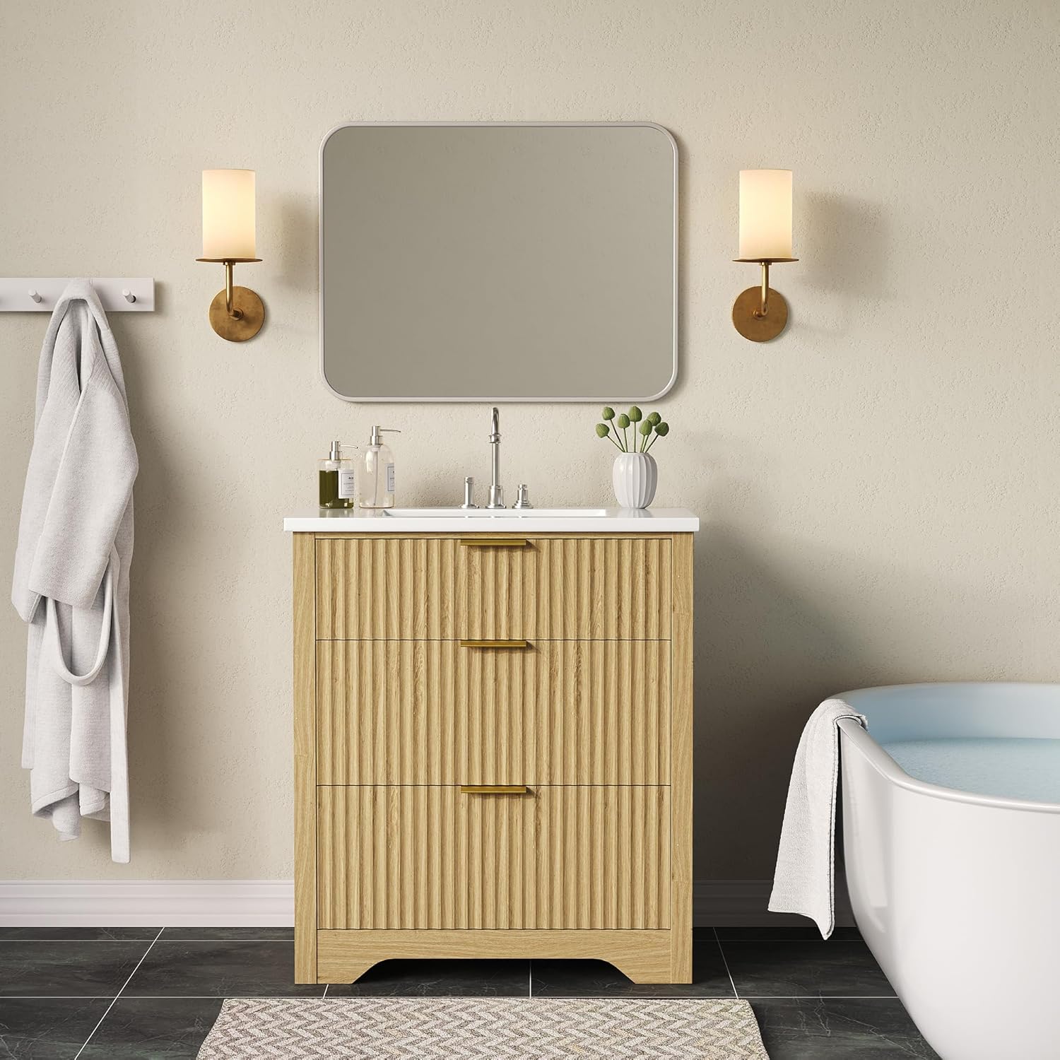 GarveeHome 30 Inch Bathroom Vanity with Sink, Fluted Freestanding Vanity Cabinet with 2 Drawers and 1 Flip-Down Drawer, Ceramic Basin Vanity Combo Set for Small Bathroom, Natural Oak