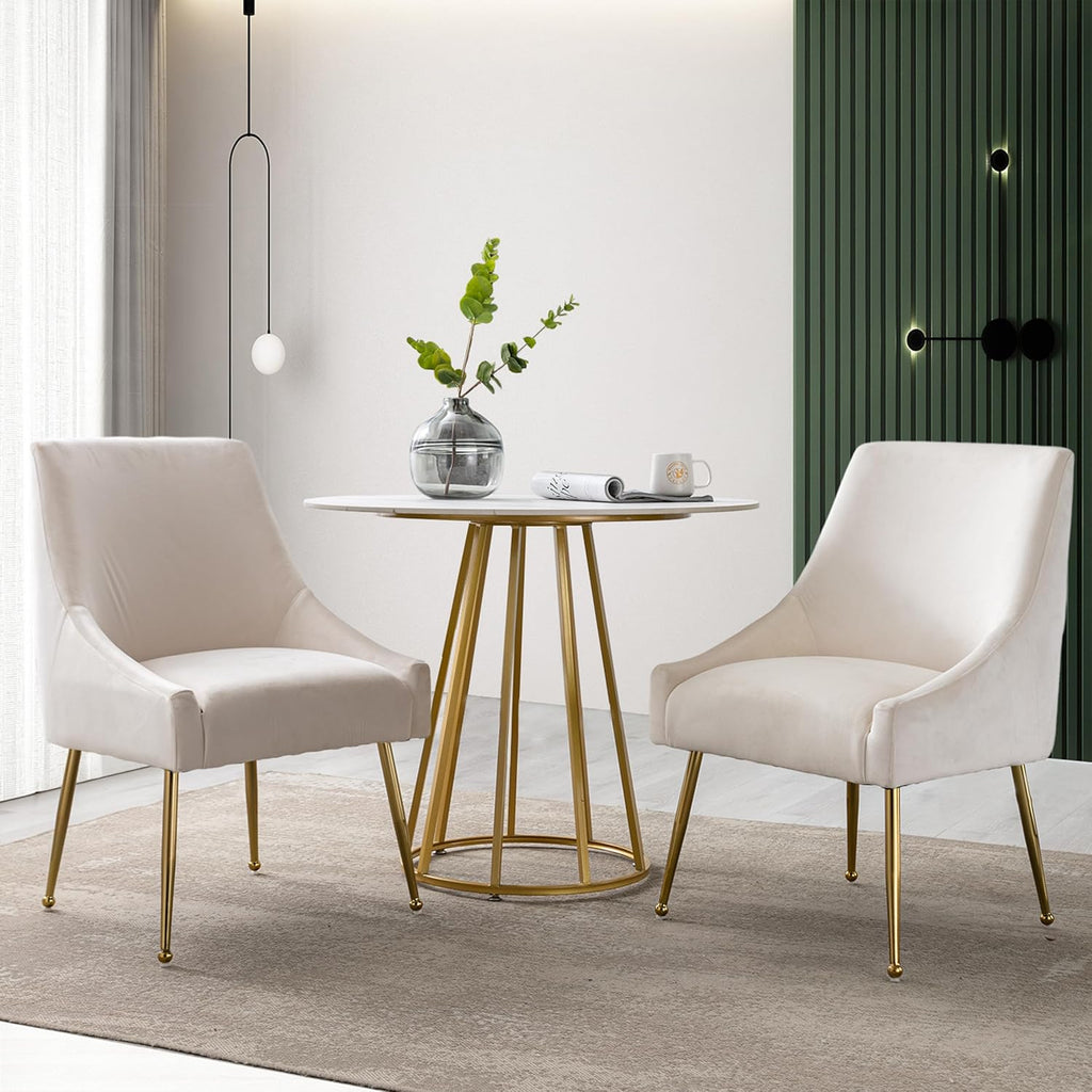 Modern Velvet Dining Chairs Set of 2, Contemporary Upholstered Furniture Collection with Polished Gold Metal Legs, Elegant Accent Chairs for Kitchen Living Room(White)
