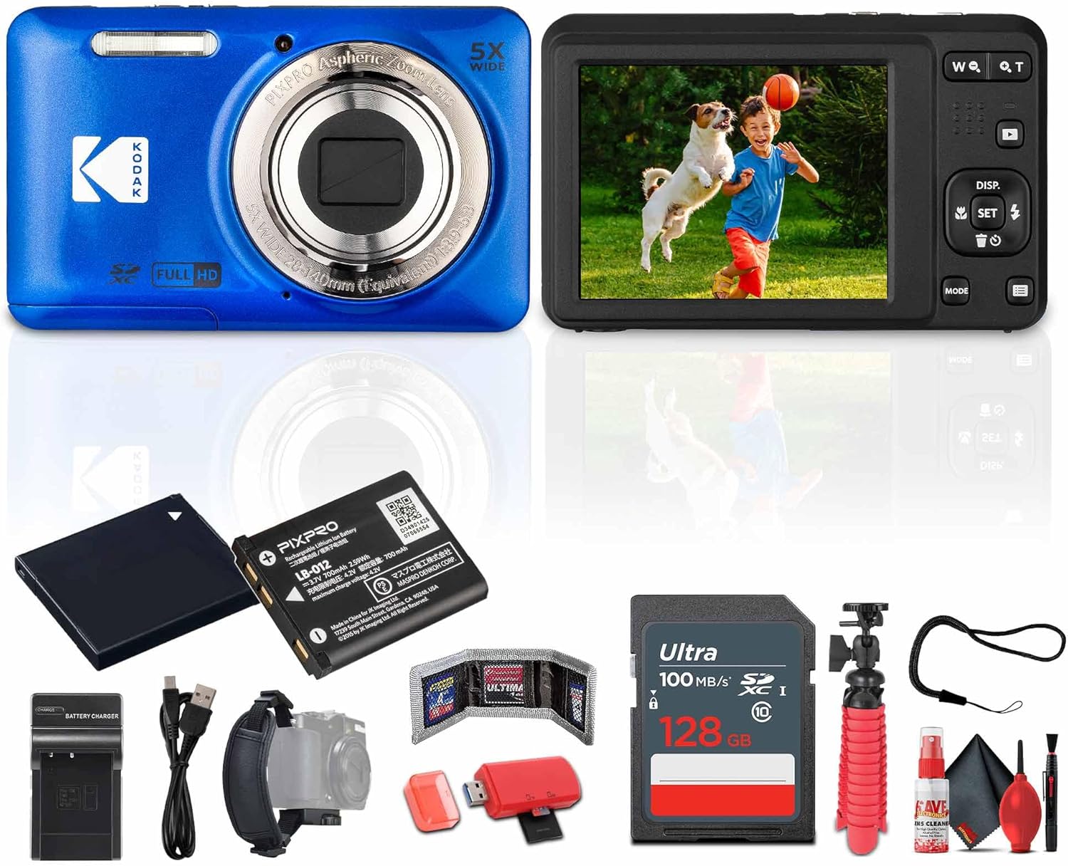 Kodak Pixpro FZ55 Digital Camera (Blue) Bundle Including: 128 GB Memory Card, Rechargeable Battery, Battery Charger, Flexible Tripod, Card Reader, Card Wallet, Hand Strap, Full Cleaning Kit