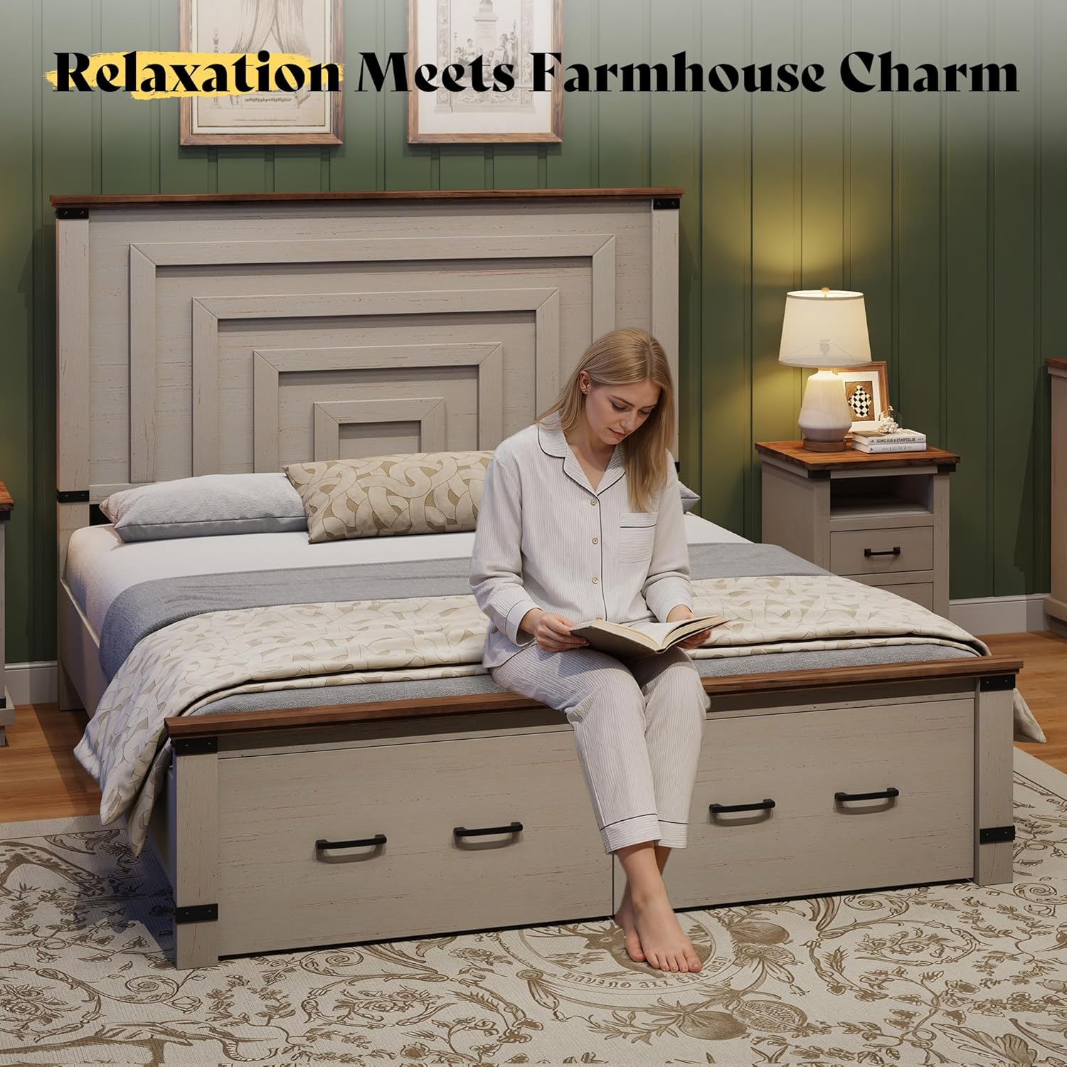 AMERLIFE Queen Bed Frame with Drawers, 54" Tall Headboard, Wood Platform Bed, No Box Spring Needed, Farmhouse Bedframe for Bedroom, Rustic White
