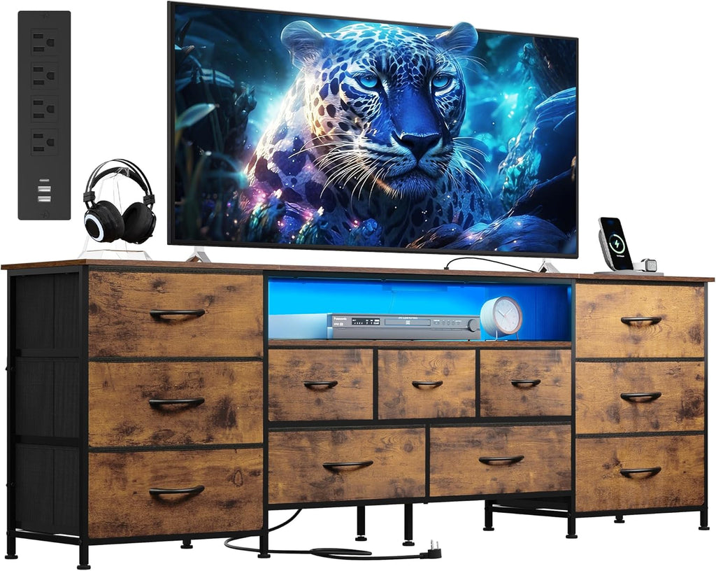 WLIVE 75.5" TV Stand for 65, 75, 80, 85 Inch TV, Dresser for Bedroom with Power Outlets & LED Lights, 11 Drawer Fabric Dresser with Open Shelves, Entertainment Center with Storage, Rustic Brown