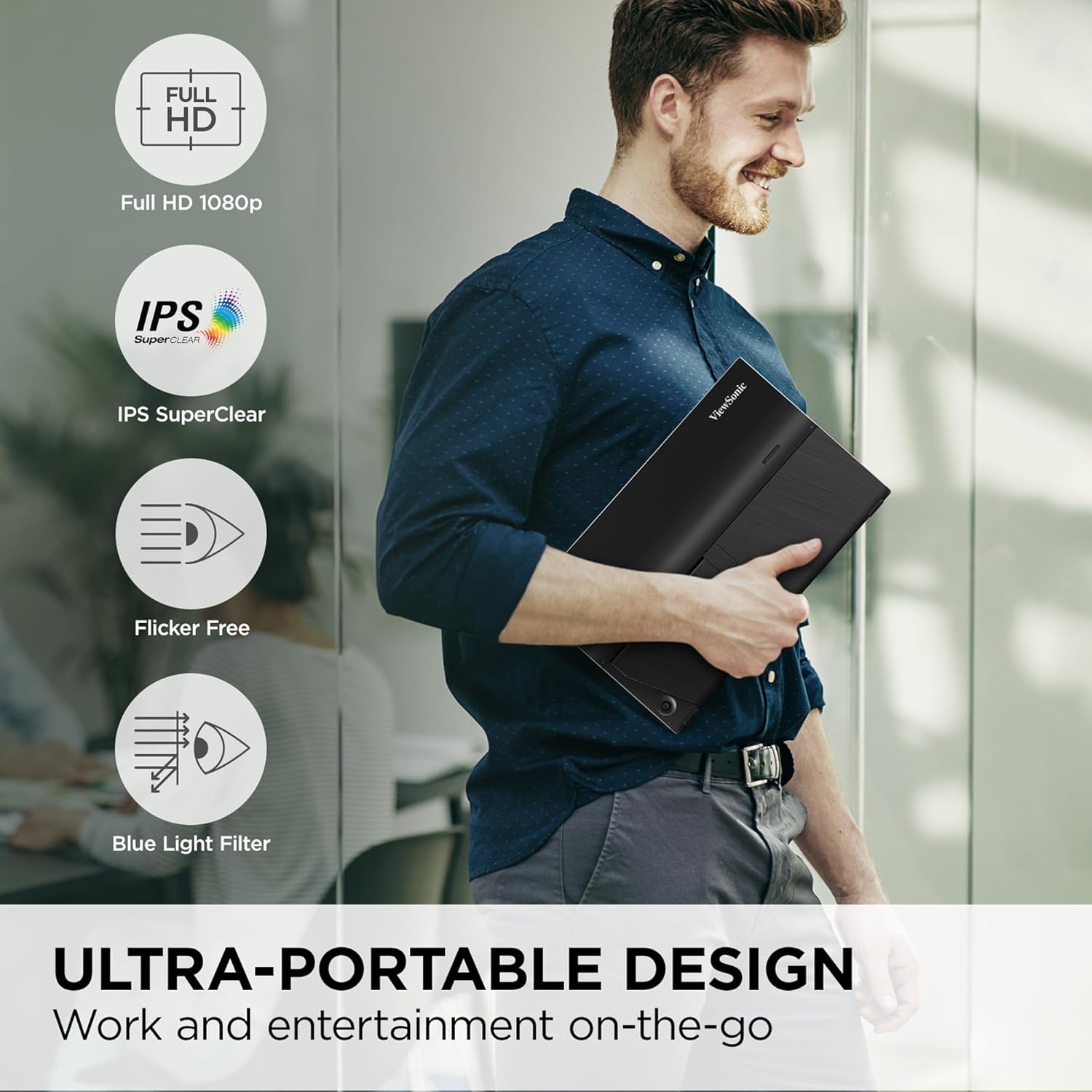 ViewSonic VA1655 15.6 Inch 1080p Portable Monitor, IPS Display with Eye Care for Comfortable Mobile Workspaces, Built-in Stand, 60W USB-C, Mini HDMI, and Protective Case