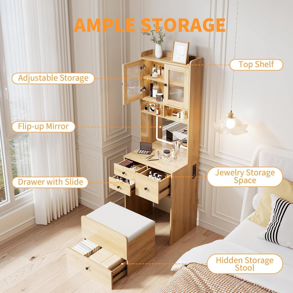 3-in-1 Make Up Vanity Desk with Mirror & Lights, Compact Vanity Table with Drawers, Storage Compartment and Rolling Stool, Modern Small Makeup Vanity and Storage Chair for Bedroom, Powder Room