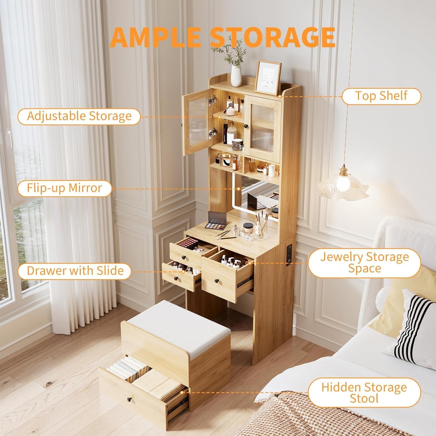 3-in-1 Make Up Vanity Desk with Mirror & Lights, Compact Vanity Table with Drawers, Storage Compartment and Rolling Stool, Modern Small Makeup Vanity and Storage Chair for Bedroom, Powder Room