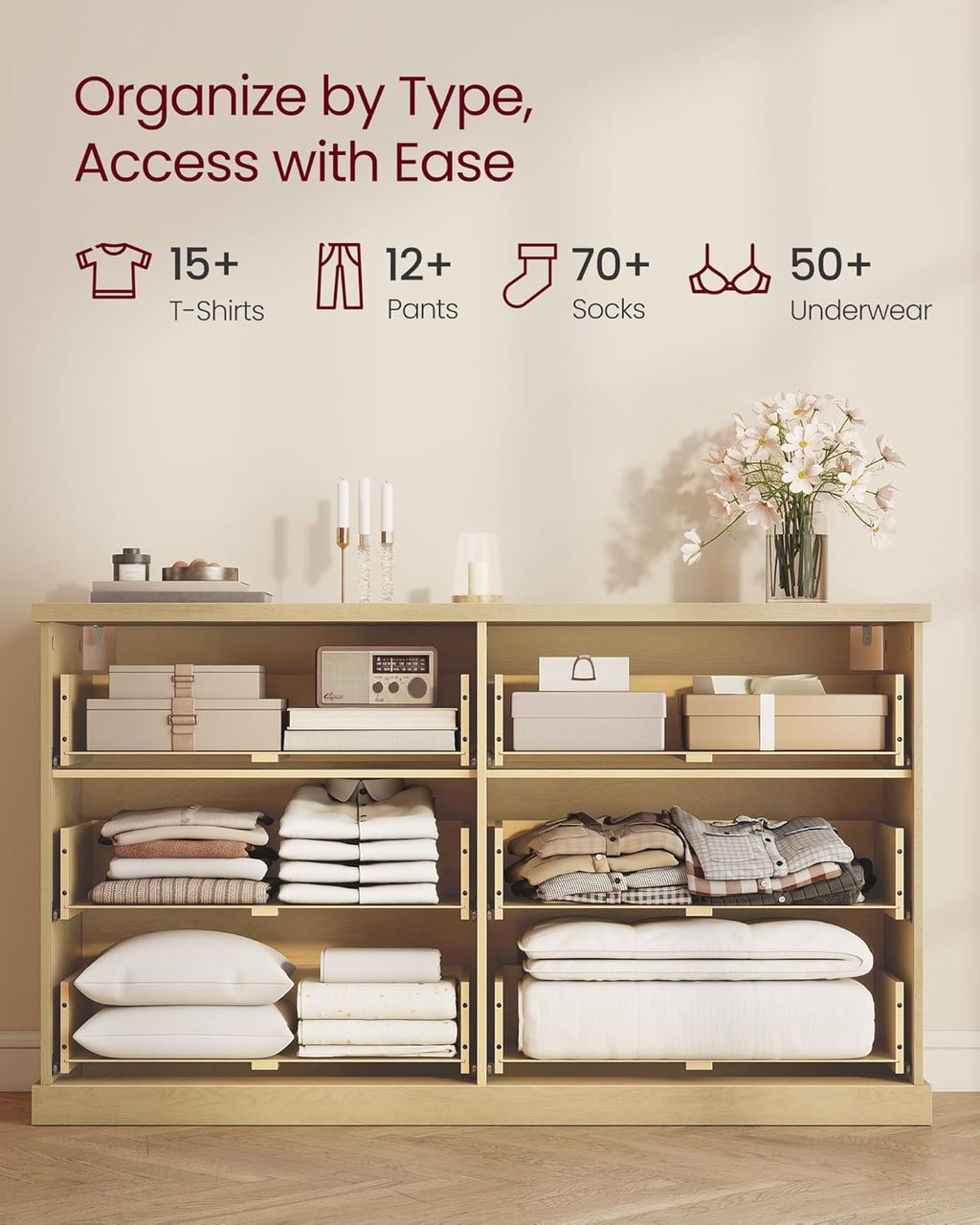 VASAGLE MAXE Collection - 6-Drawer Double Dresser for Bedroom, 54.2-Inch Wide Chest of Drawers, Fluted Panels, Mid Century Modern Storage Dresser, TV Stand for Living Room, Oak Beige ULTS662YC01S