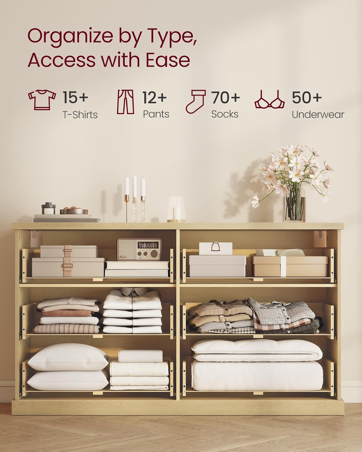 VASAGLE MAXE Collection - 6-Drawer Double Dresser for Bedroom, 54.2-Inch Wide Chest of Drawers, Fluted Panels, Mid Century Modern Storage Dresser, TV Stand for Living Room, Oak Beige ULTS662YC01S