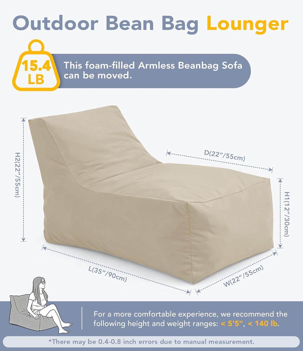 Outdoor Bean Bag Chair Lounger - Small Beanbag Floor Sofa with Shredded Foam Filling, Splash-Proof Detachable Zipper Cover for Patio Poolside Area Relaxing, Beige