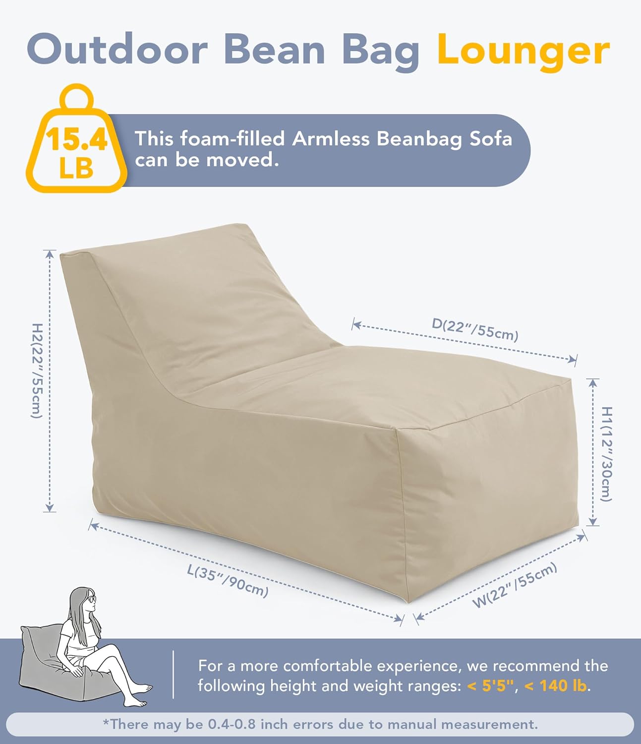Outdoor Bean Bag Chair Lounger - Small Beanbag Floor Sofa with Shredded Foam Filling, Splash-Proof Detachable Zipper Cover for Patio Poolside Area Relaxing, Beige