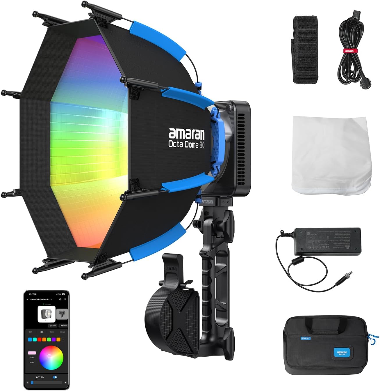 amaran Ray 120c RGB Video Light,120W Portable Studio Light IP54,CCT 1,800K-20,000K,APP Control Bowens Mount LED Lights for Photography w/Softbox Portable Bag (Ray 120c)