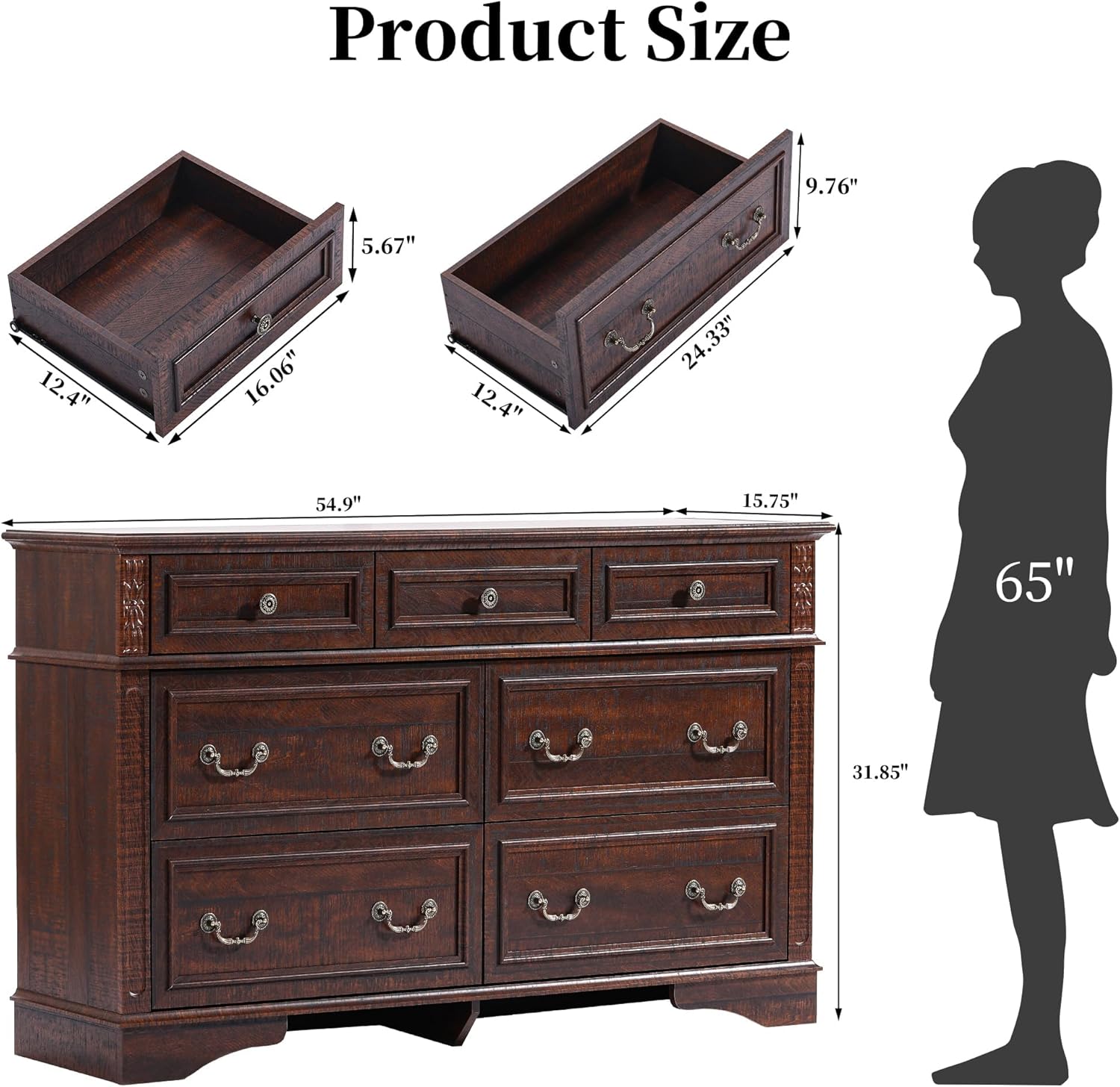 Farmhouse Dresser and Nightstand Sets, 6-Drawer with 7 Drawer Dresser & 3 Drawer Nightstand Sets, 4 Pieces Rustic Wood Bedroom Furniture Set for Home, Bedroom, Hallway(Dark Brown)
