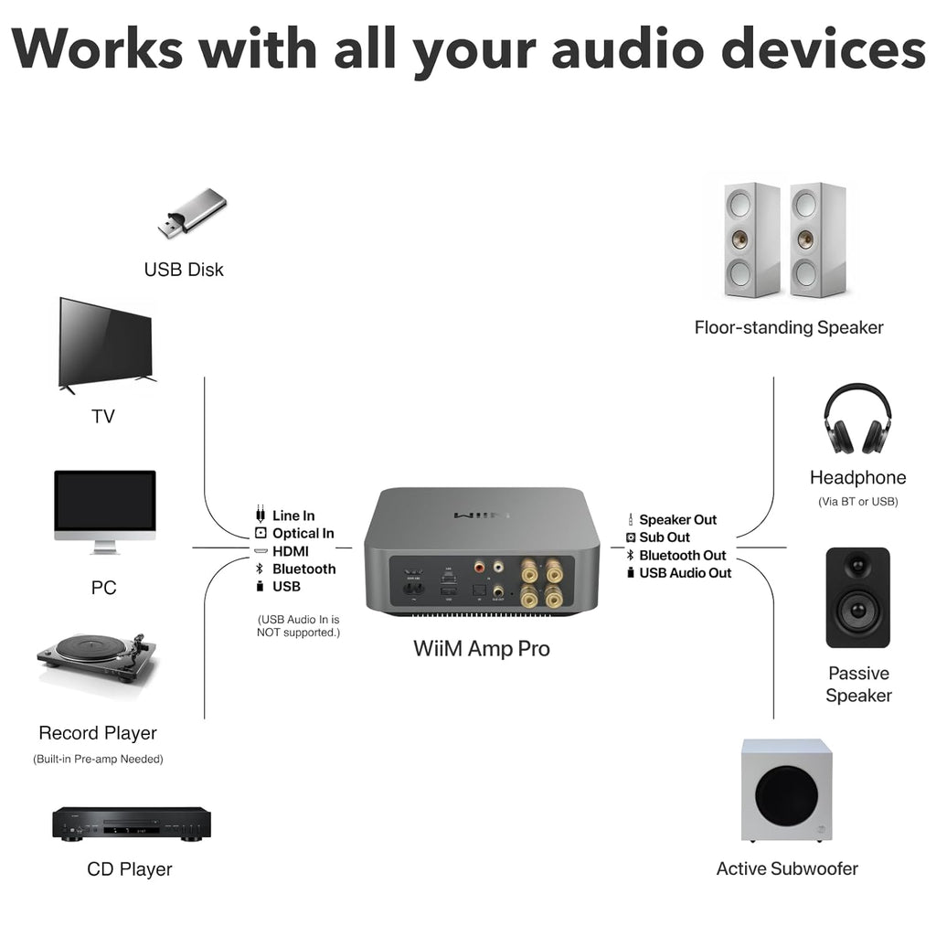 WiiM Amp Pro: Multiroom Streaming Amplifier | Compatible with Google Cast, Alexa | HDMI, Voice Control | Stream from Spotify, Amazon Music, Tidal & More - Dark Gray
