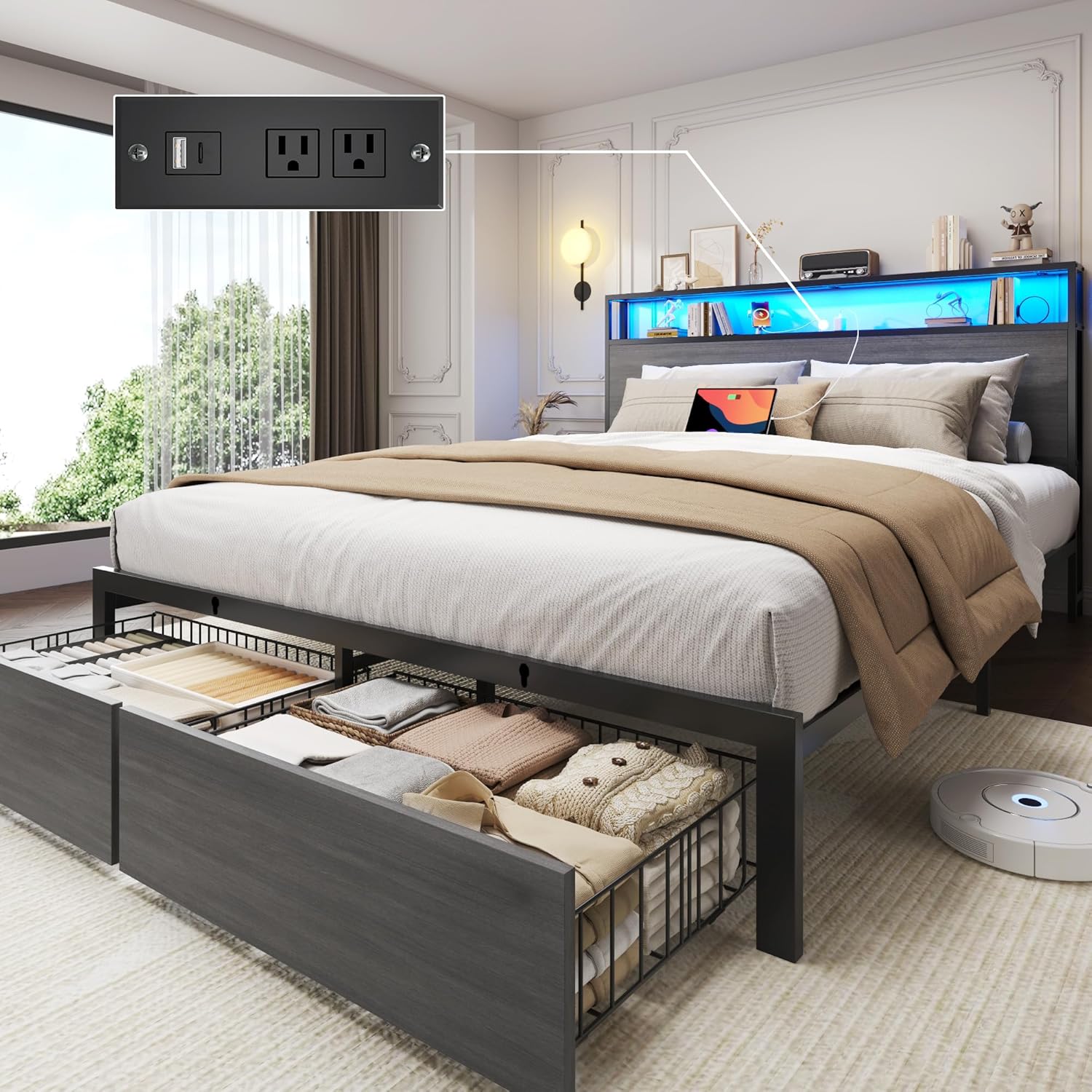 Lifezone Queen Bed Frame with 2-Tier Storage Headboard, Bedroom Metal Bed Frame with 2 Storage Drawers & Fast-Charging Station & LED, Noise-Free, No Box Spring Needed, Easy Assembly, Rustic Grey