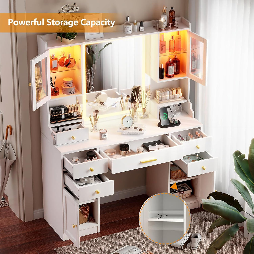White Makeup Vanity Desk with Mirror and Lights, Large Vanity Table Set with Charging Station, Dressing Table with RGB Cabinets, Makeup Vanity Mirror with Light Desk and Drawers, 3 LED Light Modes