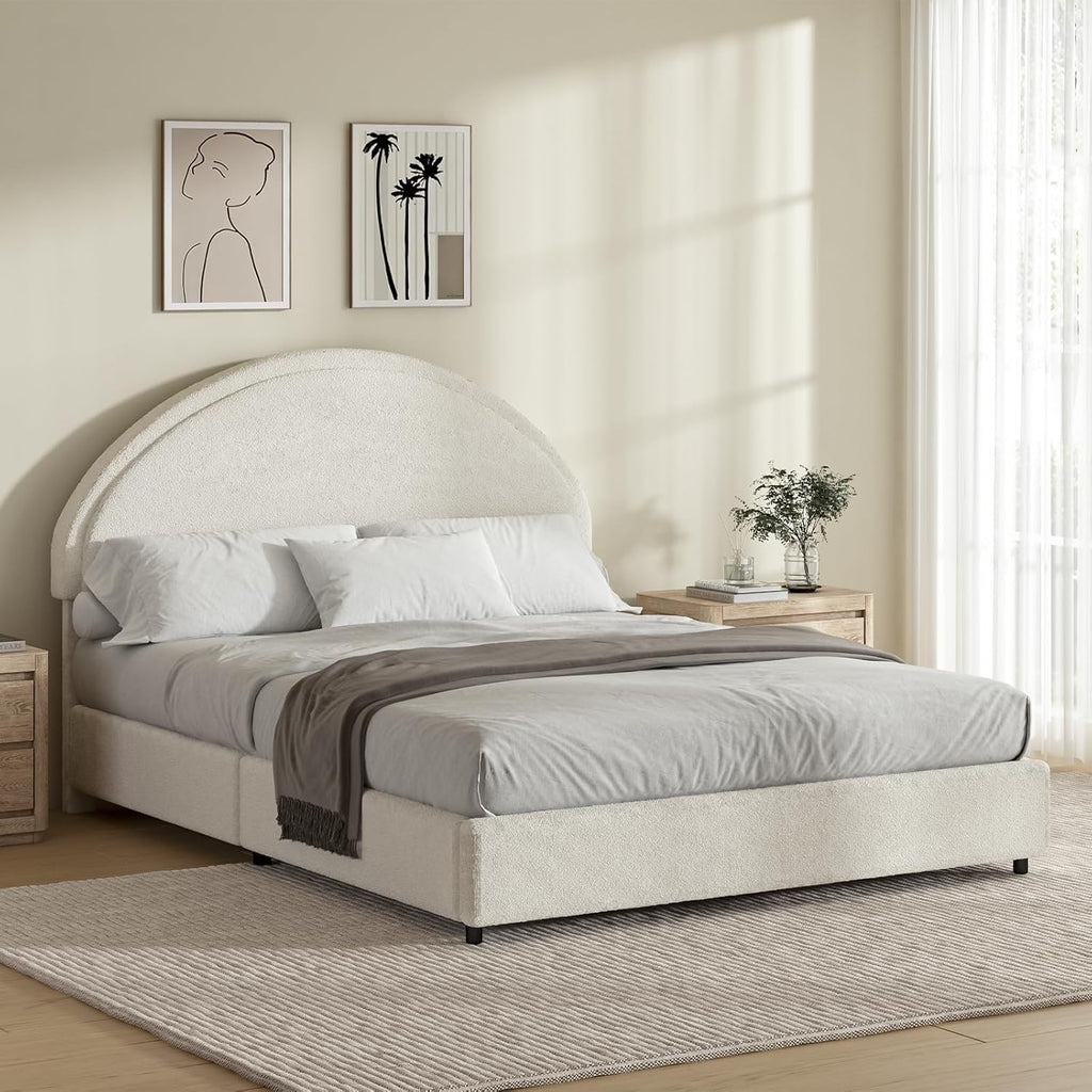 REVOMINCA Queen Bed Frame, Boucle Upholstered Platform Bed Frame with Rounded Corners, Soft Bedframe with Round Headboard, No Box Spring Required, Easy Assembly, White