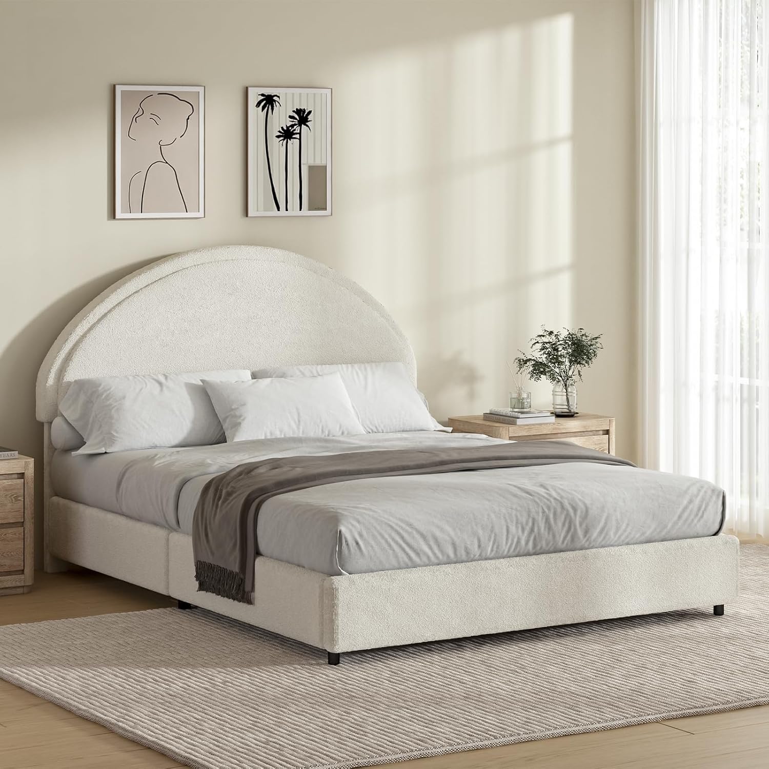 REVOMINCA Queen Bed Frame, Boucle Upholstered Platform Bed Frame with Rounded Corners, Soft Bedframe with Round Headboard, No Box Spring Required, Easy Assembly, White
