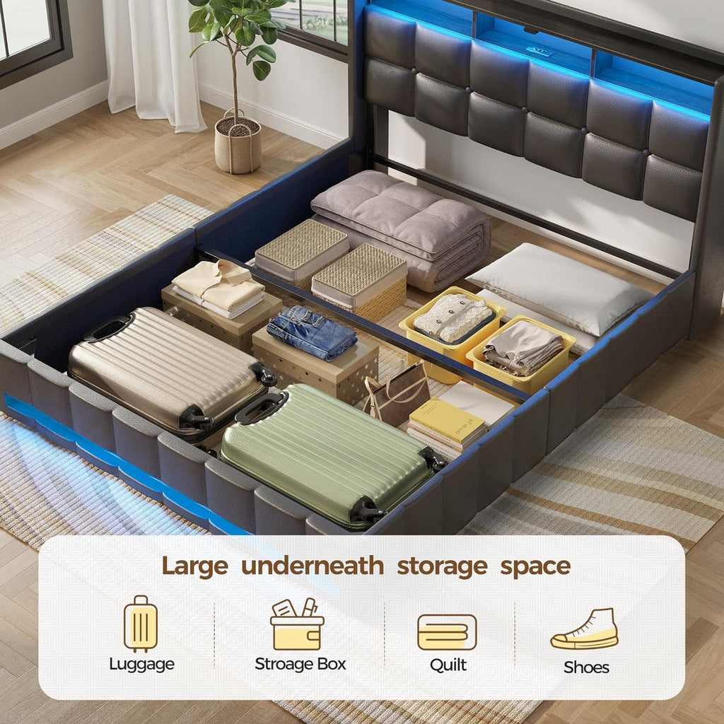 Rolanstar Full Lift Up Bed Frame with Storage, PU Leather Upholstered Headboard with Shelves, RGB LED Lights & Charging Station (USB-C), Wood Slats, Noise-Free, No Box Spring, Black