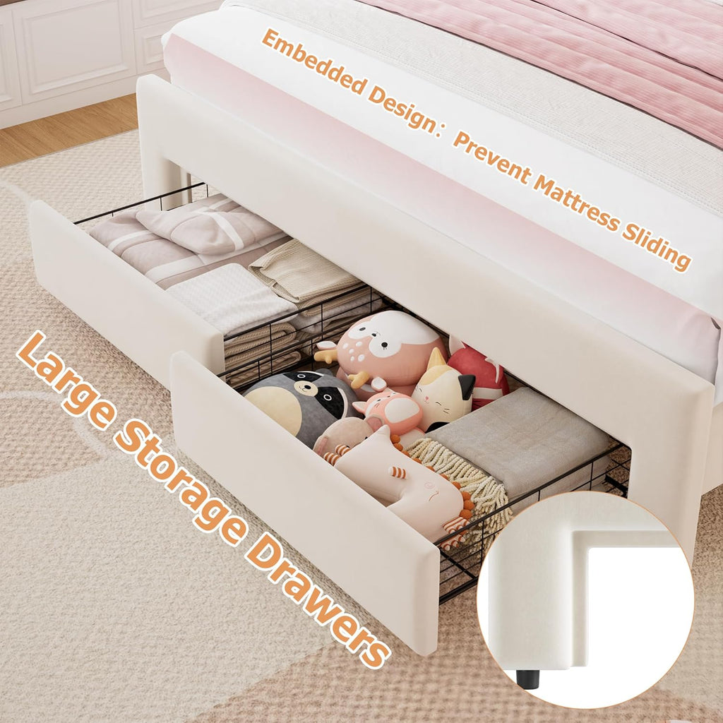 Full Upholstered LED Bed Frame with 2 Storage Drawers and Adjustable Chic Double Wavy Headboard, Velvet Princess Platform Bed with Charing Station, Solid Wood Slats Support,No Box Spring Needed,Beige