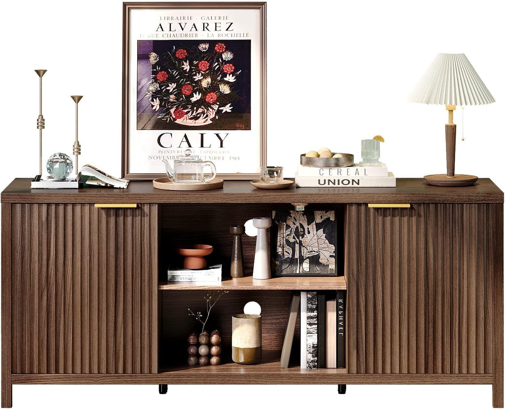 VINGLI 57.8" Fluted TV Stand for TVs up to 70 Inch, Mid-Century Modern Entertainment Center with Adjustable Shelves & Cabinet Storage, Natural Wood TV Stand for Living Room, Walnut