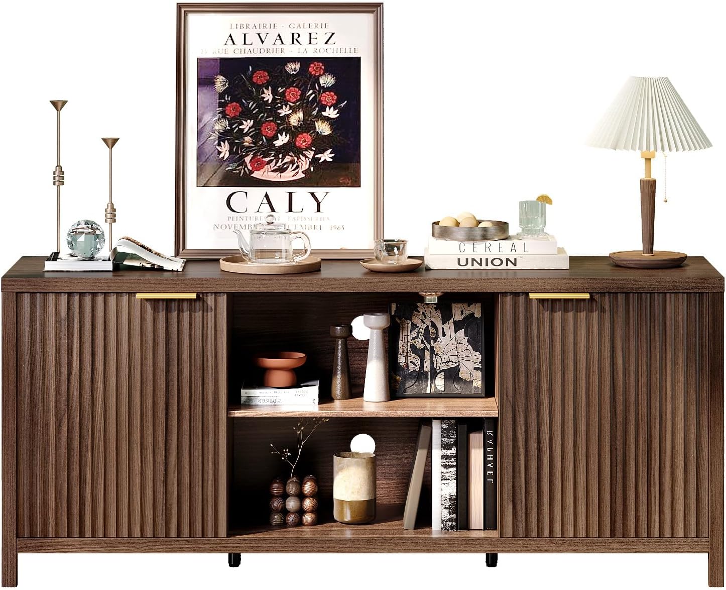 VINGLI 57.8" Fluted TV Stand for TVs up to 70 Inch, Mid-Century Modern Entertainment Center with Adjustable Shelves & Cabinet Storage, Natural Wood TV Stand for Living Room, Walnut