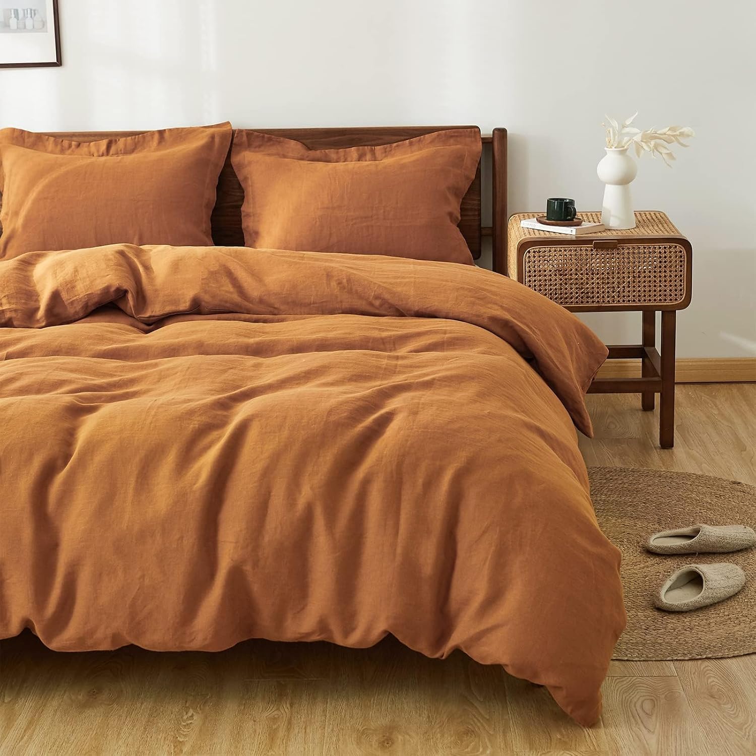 Simple&Opulence 100% Linen Duvet Cover Set 2pcs Natural French Basic Style Washed Flax Solid Color Breathable Soft Farmhouse Bedding with Button Closure (Rust, Twin)