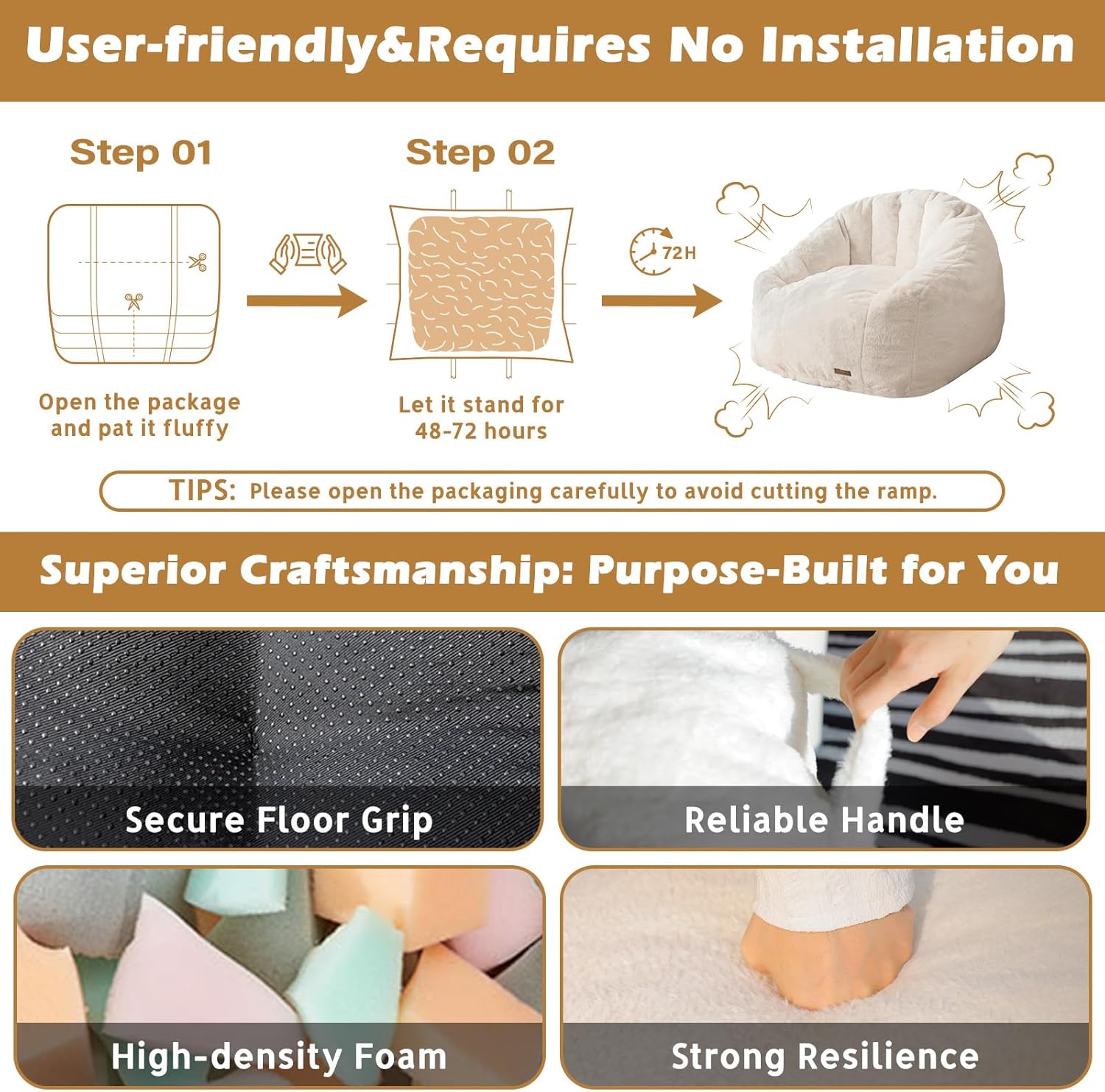 Giant Bean Bag Chair for Adults, Teens and Kids, Cozy Fluffy Corduroy Beanbag Chair with Filler, Large Floor Lounge Sofa for Living Room, Bedroom, Dorm, Gaming and Reading(L-Ivory)
