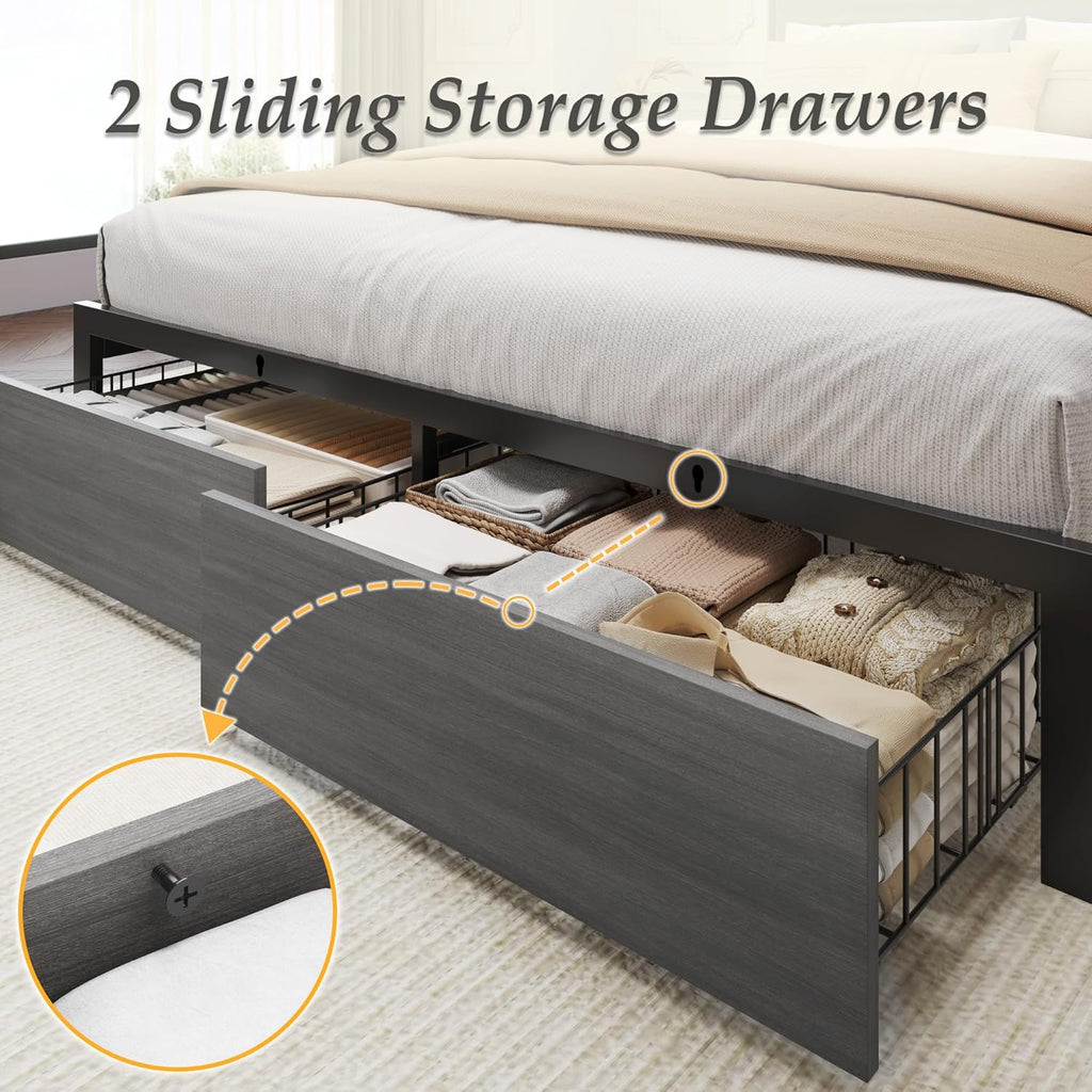Lifezone Queen Bed Frame with 2-Tier Storage Headboard, Bedroom Metal Bed Frame with 2 Storage Drawers & Fast-Charging Station & LED, Noise-Free, No Box Spring Needed, Easy Assembly, Rustic Grey