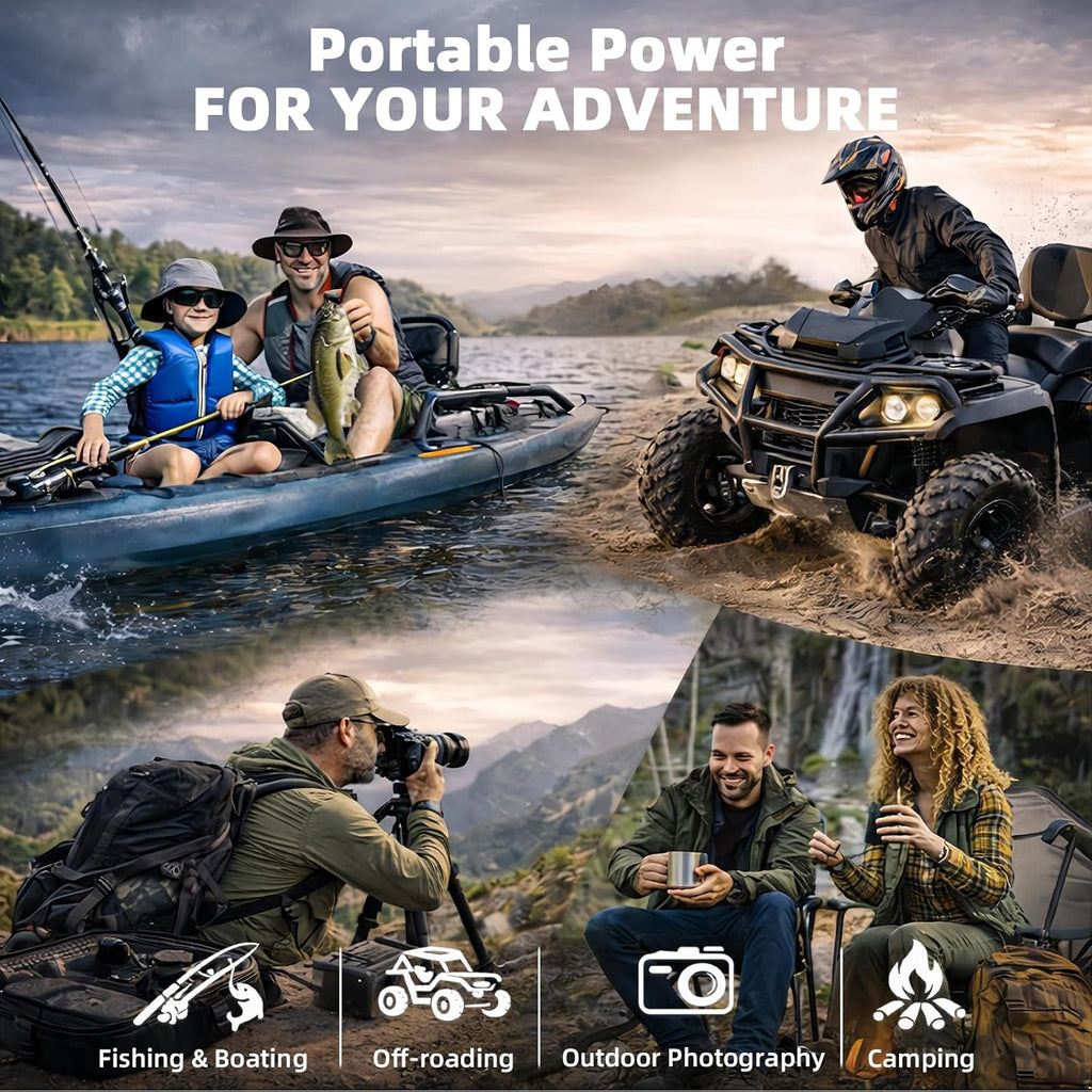 12V Portable Lithium Battery Kit with 4-in-1 Charging Cable, Waterproof Kayak Battery for Marine, Fishing, Kayak, Compatible with Fish Finder, GPS, Phone, Action Camera and Outdoor Devices