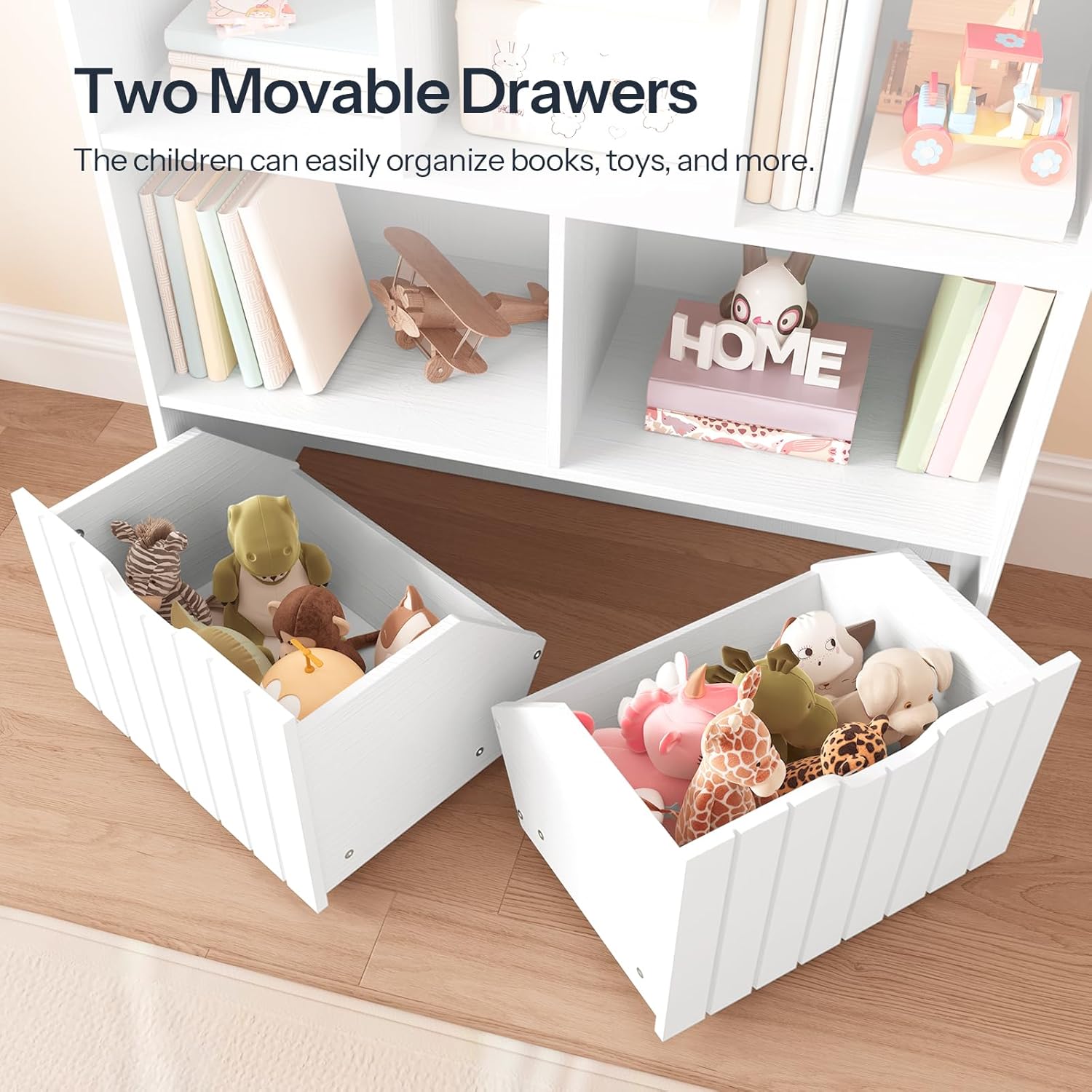 HOOBRO Toy Storage Organizer, Toy Organizers and Storage with 2 Movable Drawers and 5 Cubbies, Toy Chest Shelf for Books or Dolls, Kids Bookshelf and Toy Storage for Playroom, White WT88CW01