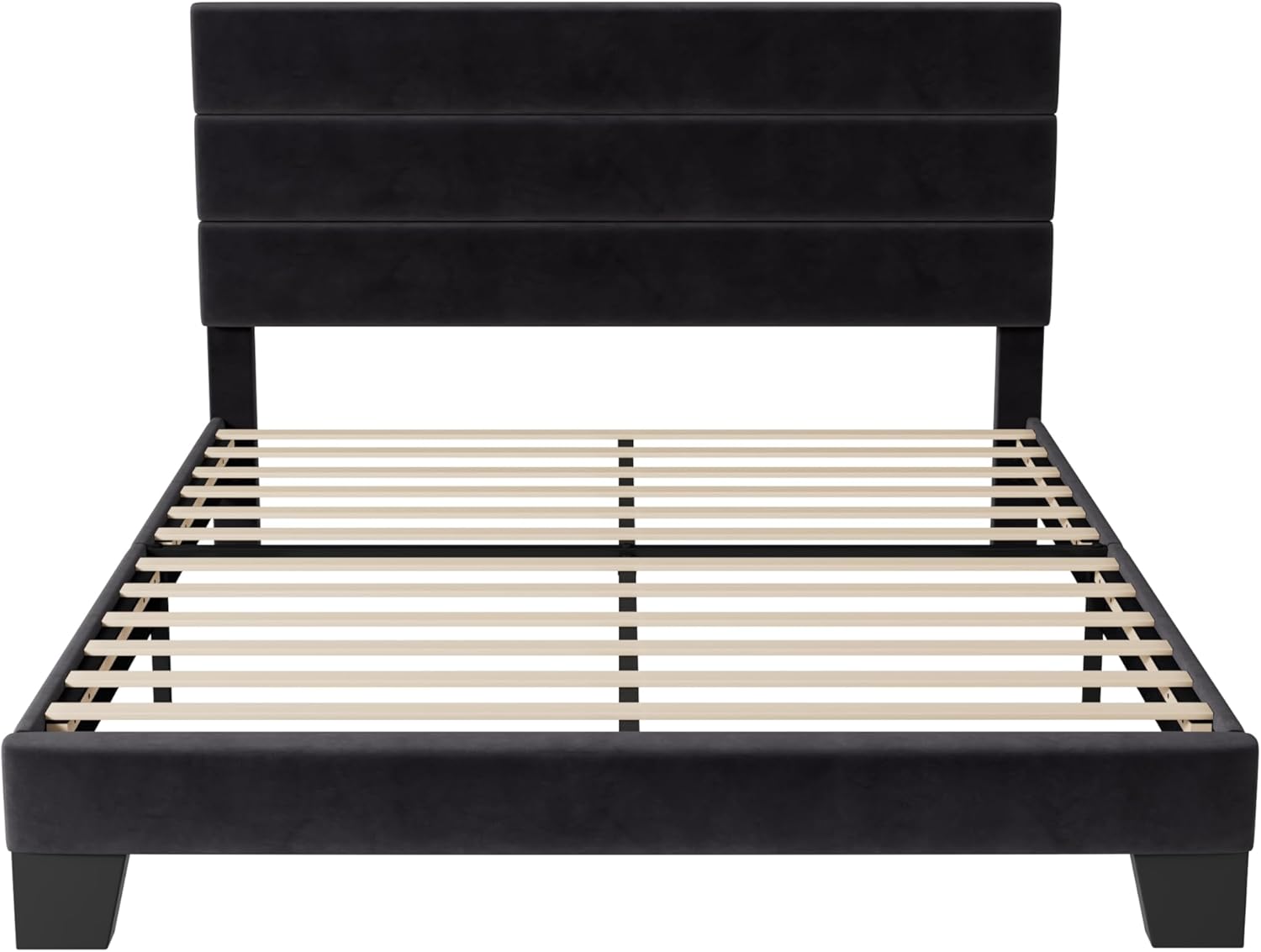 Allewie Queen Size Platform Bed Frame with Velvet Upholstered Headboard and Wooden Slats Support, Fully Upholstered Mattress Foundation/No Box Spring Needed/Easy Assembly, Black