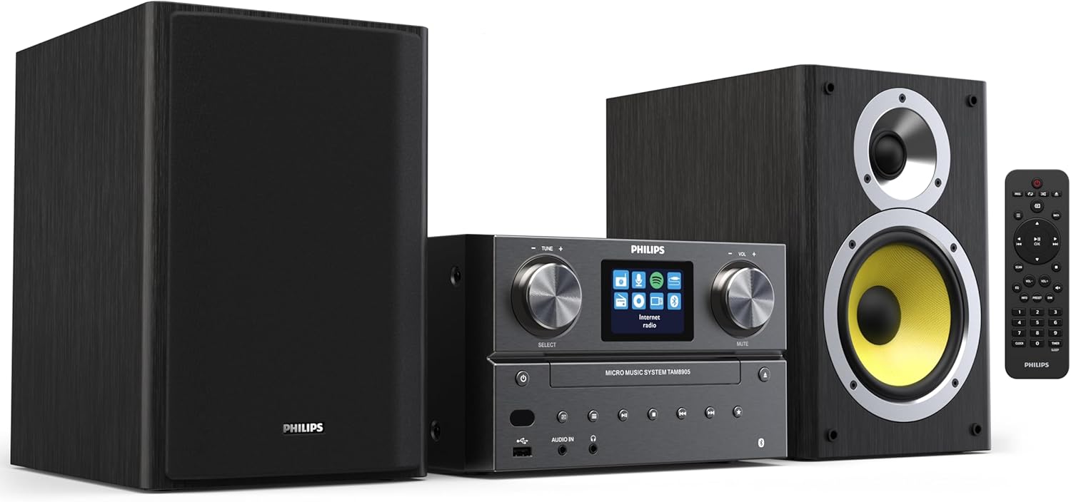 Philips Bluetooth & WiFi Stereo System for Home with CD Player, Spotify, Internet Radio, FM Radio, MP3 Playback, Crisp Highs and Rich Bass 100W, Remote Control Included