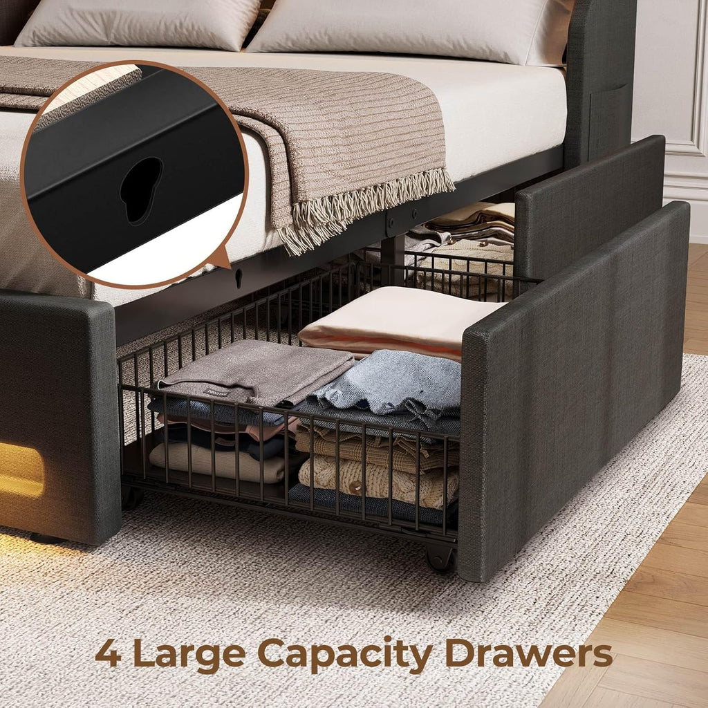 Rolanstar Full Bed Frame with LED Lights and Charging Station, Upholstered Bed with Drawers, Wooden Slats, Noise Free, Easy Assembly, Dark Gray