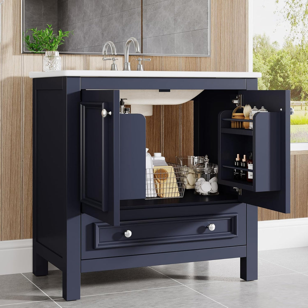 Tribesigns Modern Bathroom Vanity with Sink, Freestanding Bathroom Vanities Cabinet with Ceramic Basin Combo, Bathroom Sink Cabinet with 2 Doors and 1 Drawer, Solid Wooden Frame (Navy Blue, 30 INCH)