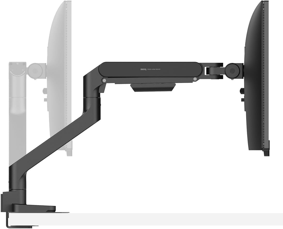 BenQ BSH01 Ergo Monitor Arm -Gas Spring Monitor Stand for Up to 45'' & 44lbs Screens, Heavy Duty, Quick Installation, No Sagging, Top Clamp and Grommet Base, Reinforcement Plate, VESA 75x75 &100x100mm