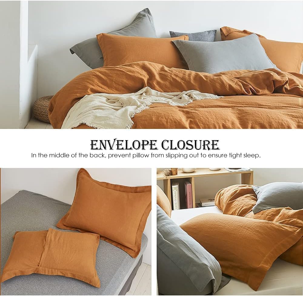 Simple&Opulence 100% Linen Duvet Cover Set 2pcs Natural French Basic Style Washed Flax Solid Color Breathable Soft Farmhouse Bedding with Button Closure (Rust, Twin)