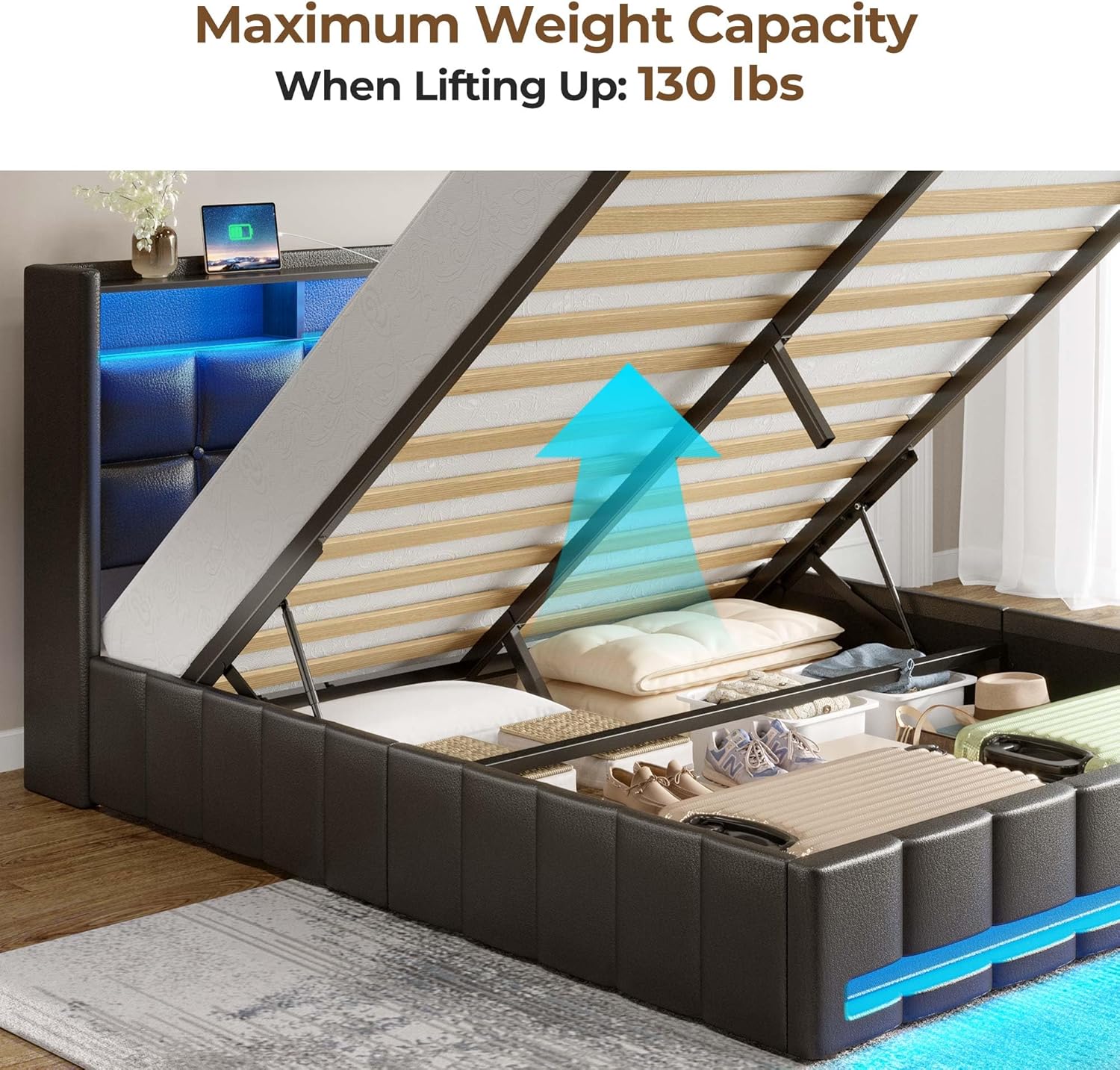 Rolanstar Full Lift Up Bed Frame with Storage, PU Leather Upholstered Headboard with Shelves, RGB LED Lights & Charging Station (USB-C), Wood Slats, Noise-Free, No Box Spring, Black