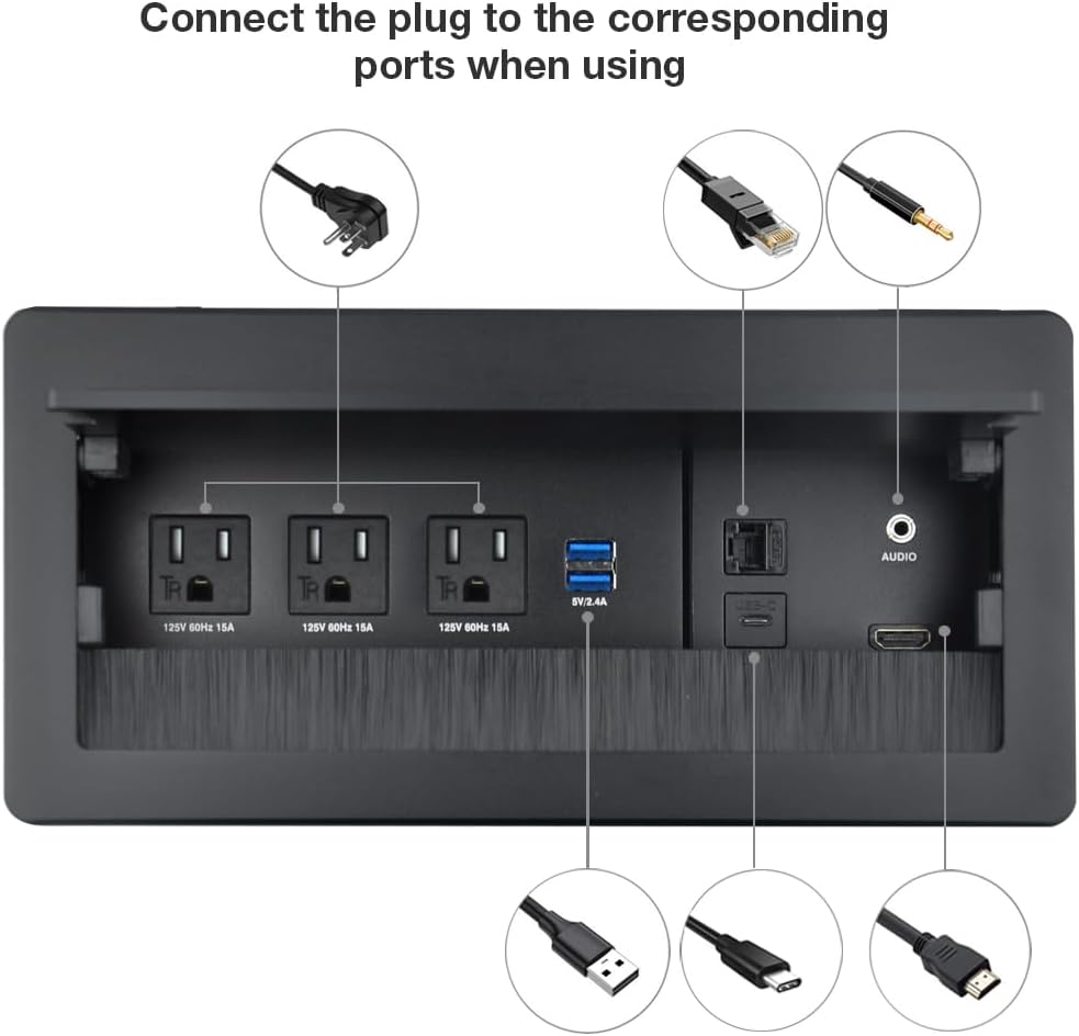 Tabletop Multimedia Connectivity Box with 3 AC Power+2 USB-A Charger+1 HDMI+1 RJ45(CAT6)+1 USB-C Data +1 Audio with 5.58ft Power Cord for Conference Room(Black)