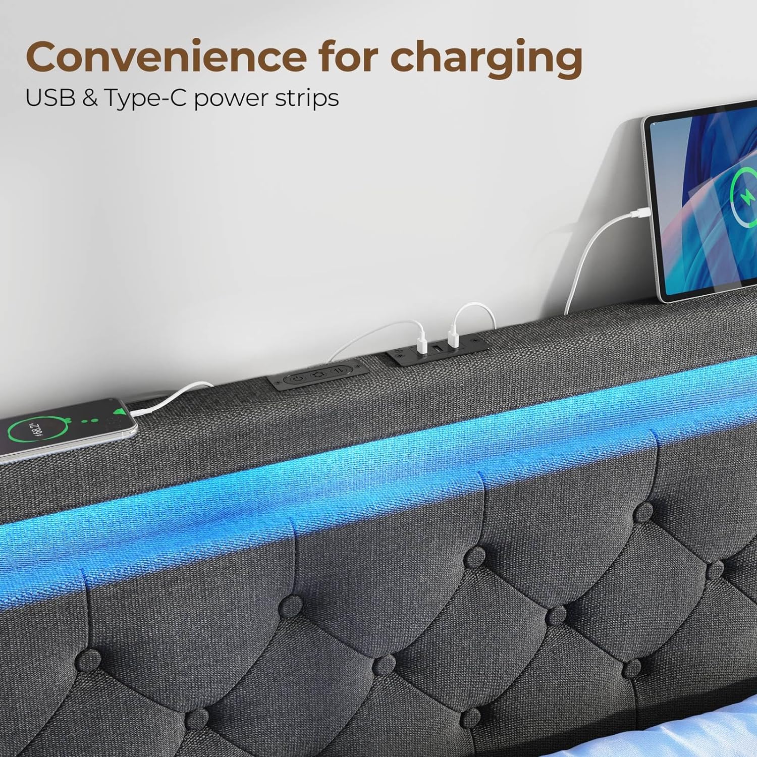 Rolanstar Full Bed Frame with LED Lights and Charging Station, Upholstered Bed with Drawers, Wooden Slats, Noise Free, Easy Assembly, Dark Gray
