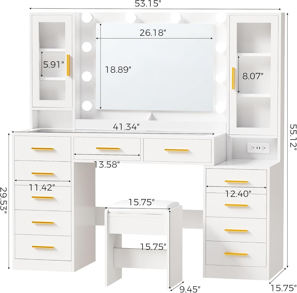 53.15" Large Vanity Desk with Mirror and Lights,White Makeup Vanity with Glass Top Power Outlet Vanity Table with 11 Drawers 6 Shelves Dressing Table Stool Set for Bedroom Women UXFST008W