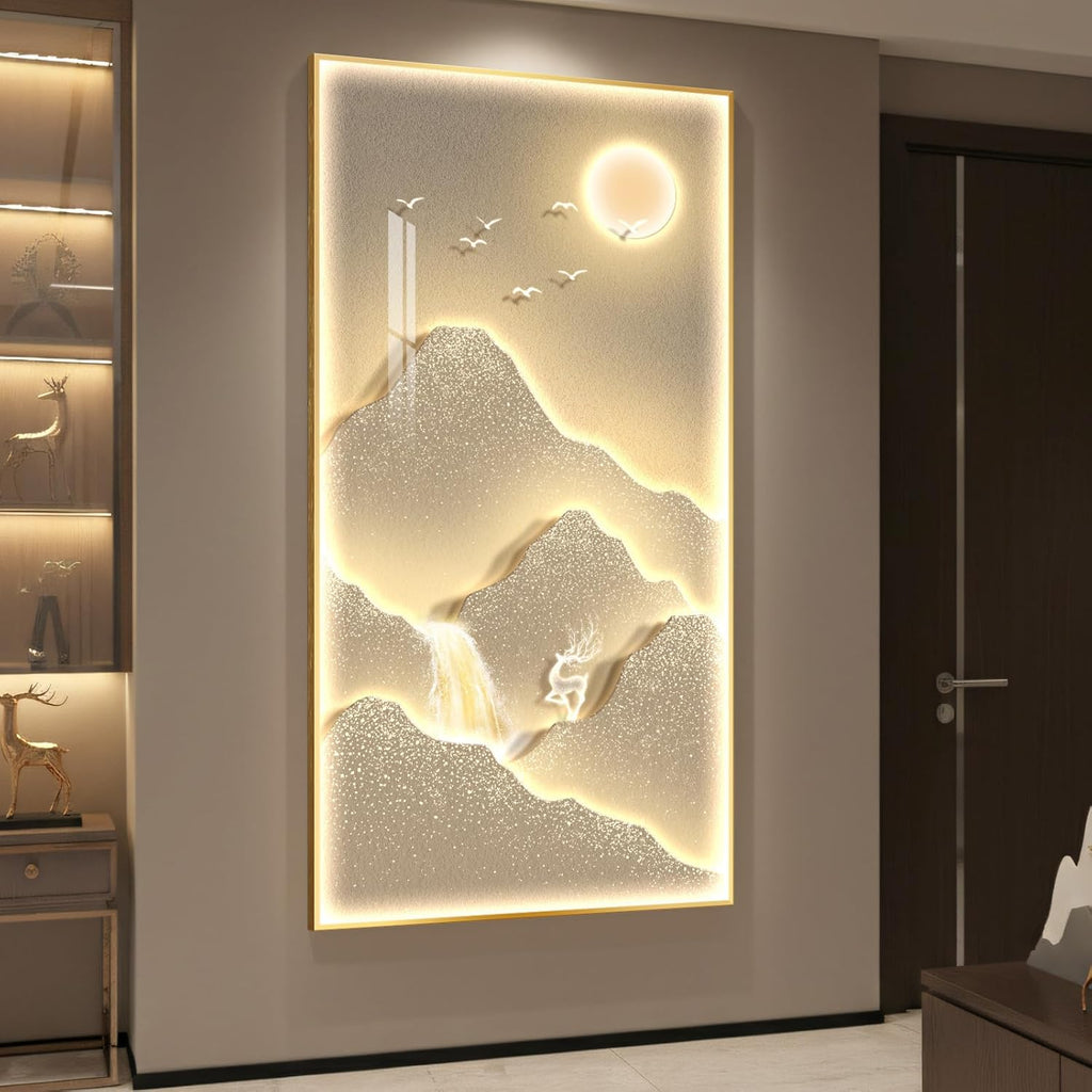 Framed LED Mountain Wall Art for Living Room, Large Vertical Lighted Modern Luxury Gold Bright Sun Waterfall Artwork for Walls, Nature Landscape Backlit Wall Decor for Hallway, Entryway, Home Office