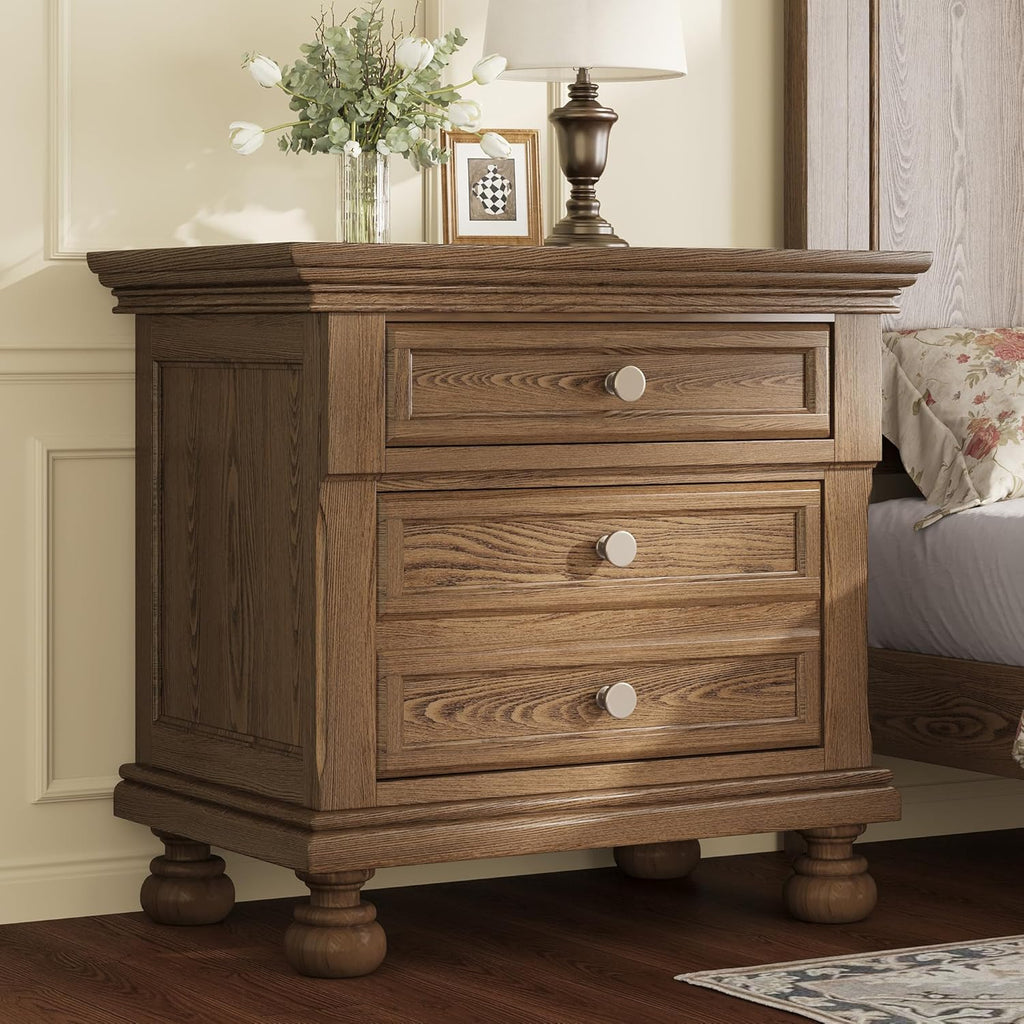 AMERLIFE Solid Wood 3 Piece Bedroom Set Including 65.2" High King Bed Frame, Fully Assembled Nightstands Set of 2 with 2 Storage Drawers for Bedroom, Light Brown