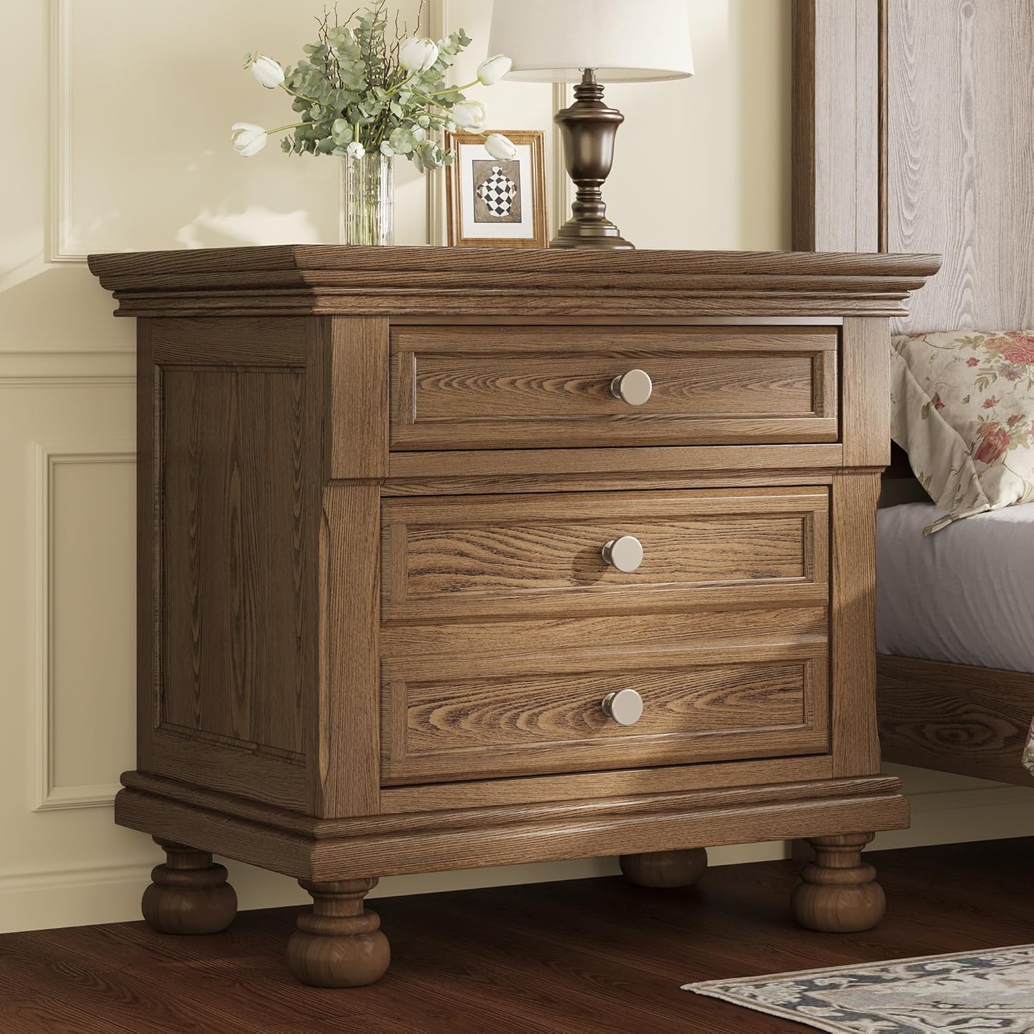 AMERLIFE Solid Wood 3 Piece Bedroom Set Including 65.2" High King Bed Frame, Fully Assembled Nightstands Set of 2 with 2 Storage Drawers for Bedroom, Light Brown