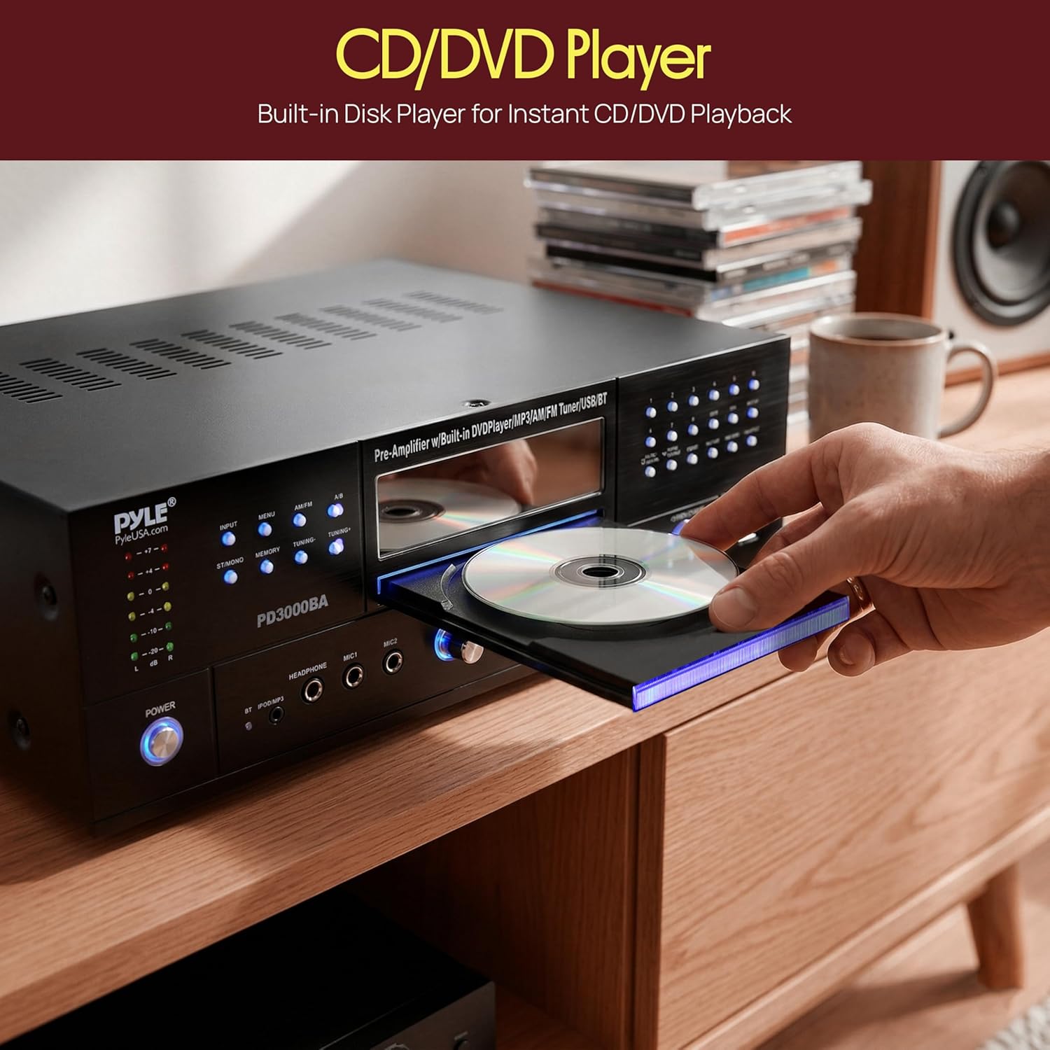 Pyle 4 Channel Bluetooth Home Amplifier - Front Loading DVD/CD Player - 3000W Peak Stereo Receiver - 2 Mic Inputs w/ Echo, FM Radio,Optical In,USB,RCA,Composite, LED Level Meter, Rack Mount - PD3000BA